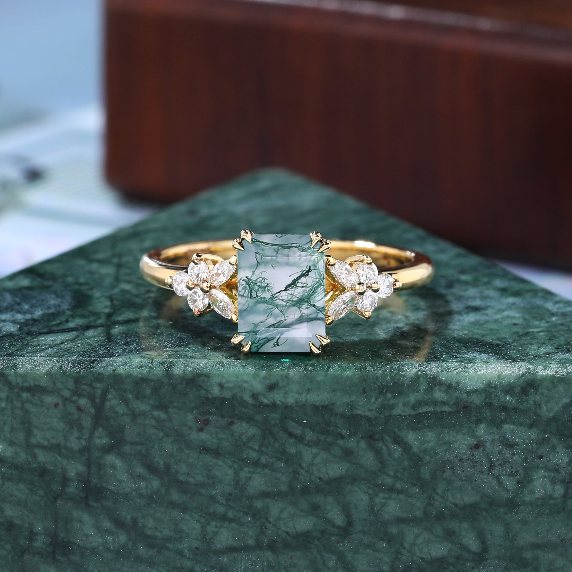 Emerald cut Moss agate yellow gold engagement ring S925/10k/14k/18k gold