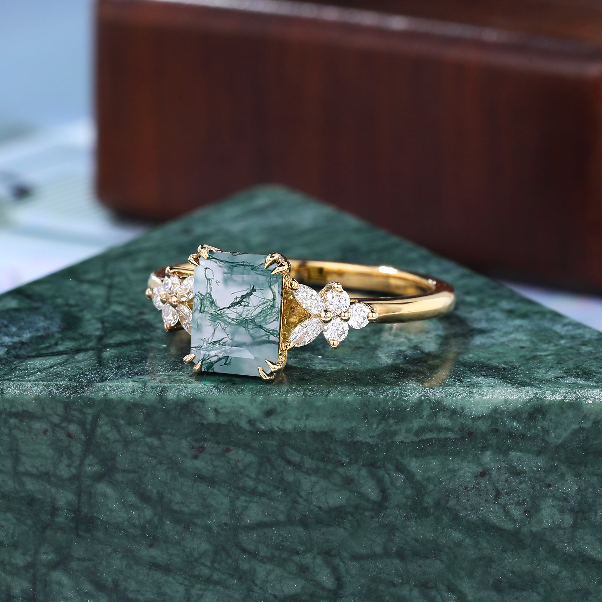 Emerald cut Moss agate yellow gold engagement ring S925/10k/14k/18k gold