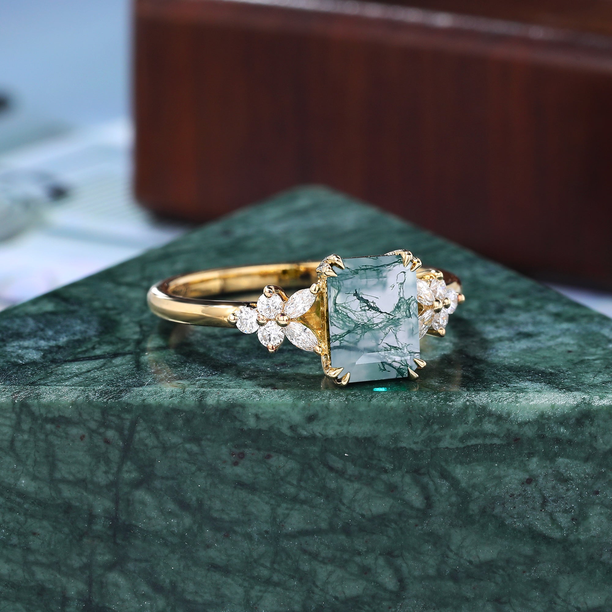 Emerald cut Moss agate yellow gold engagement ring S925/10k/14k/18k gold