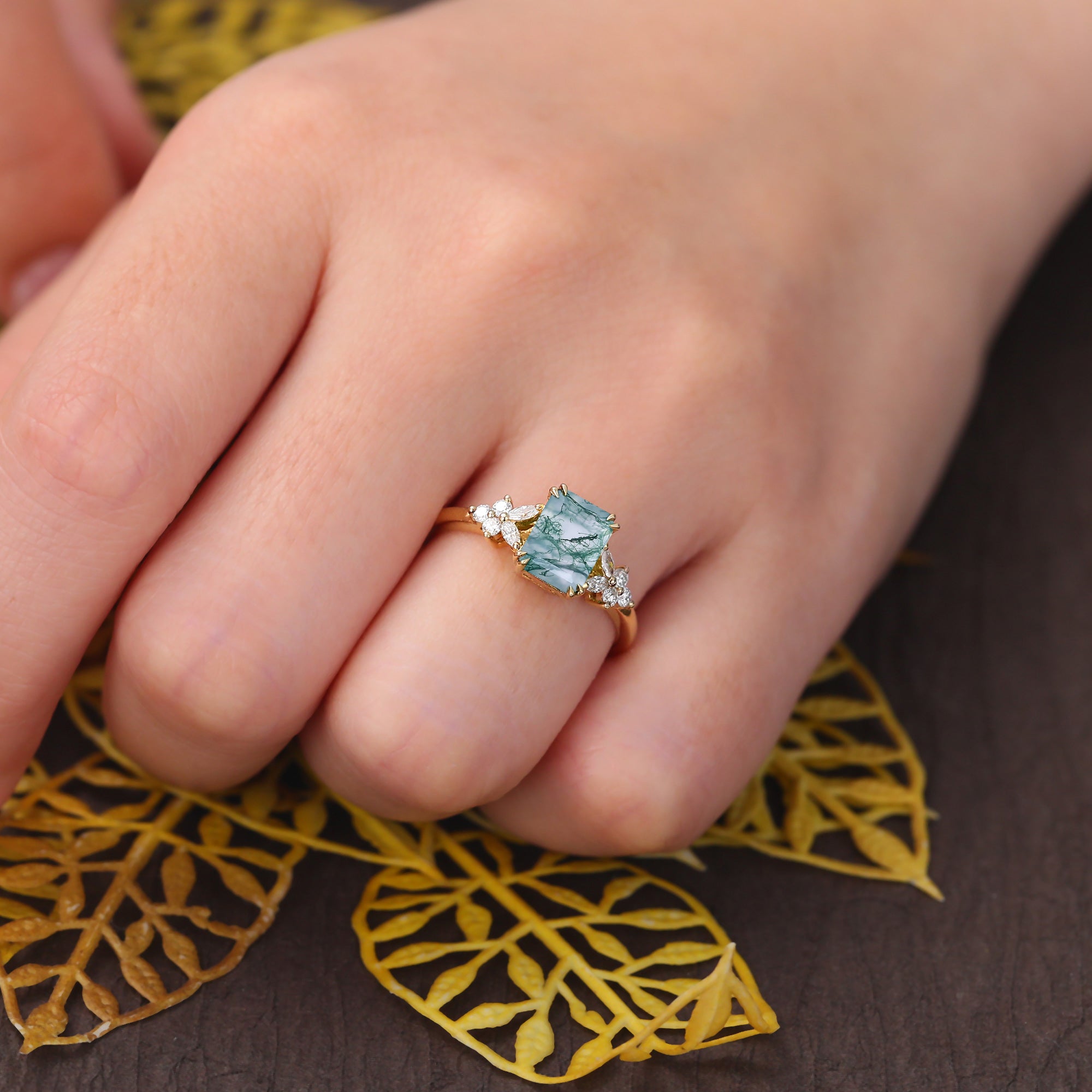 Emerald cut Moss agate yellow gold engagement ring S925/10k/14k/18k gold