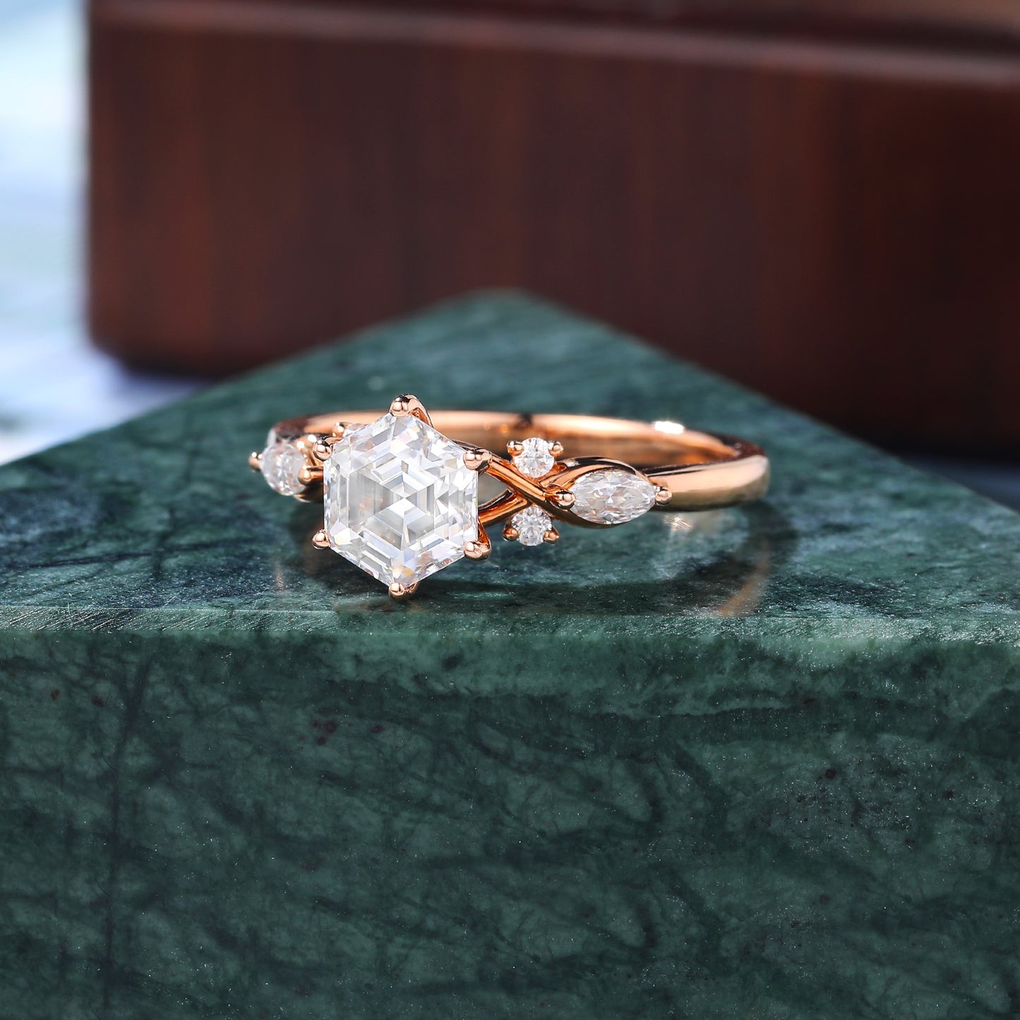 1.0ct Hexagon  lab-grown Diamond engagement ring, Cluster rose gold ring, anniversary gift S925/10k/14/18k gold