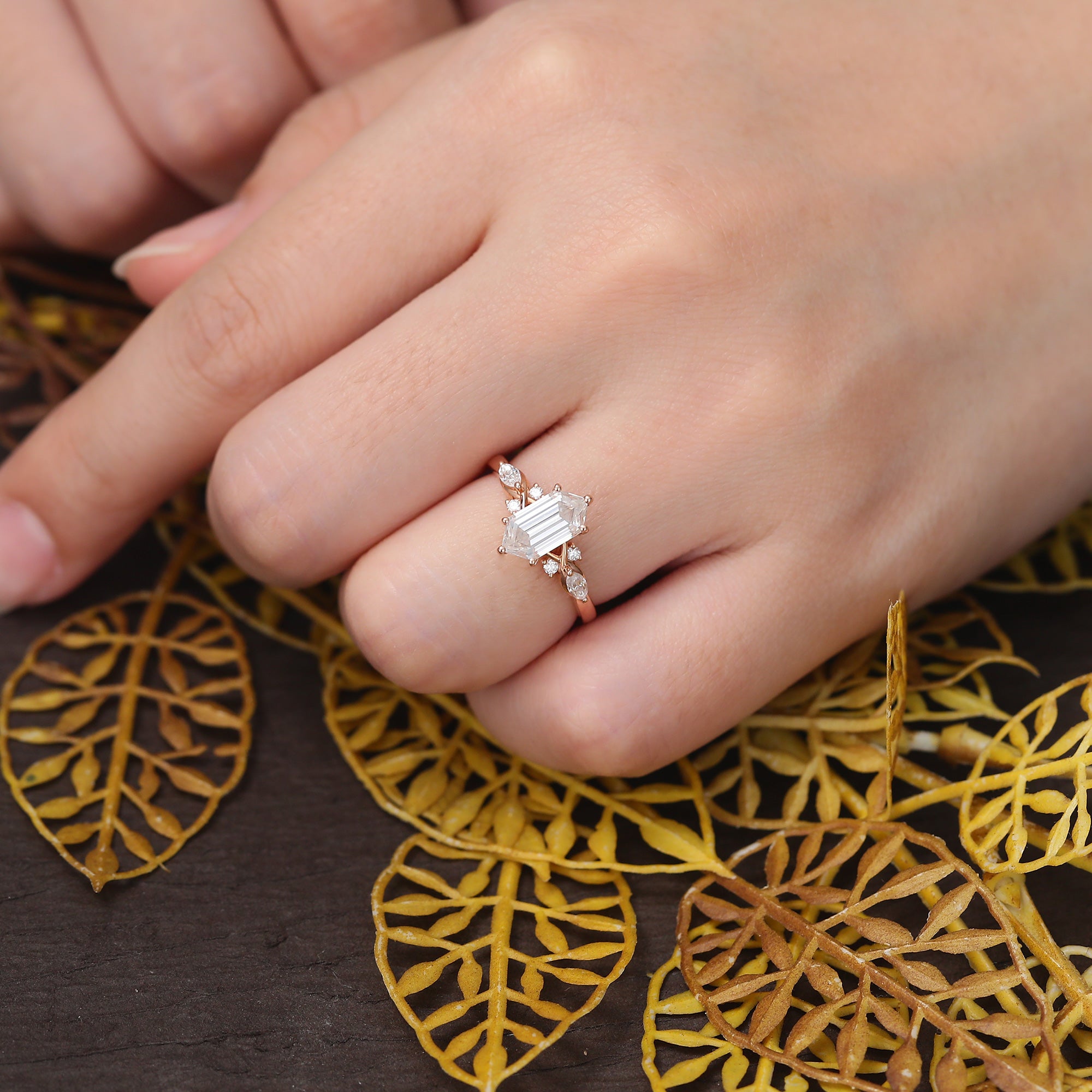 1.4ct Long Hexagon Lab-grown Diamond engagement ring, Cluster  rose/white/yellow gold ring, anniversary gift S925/10K/14K/18k