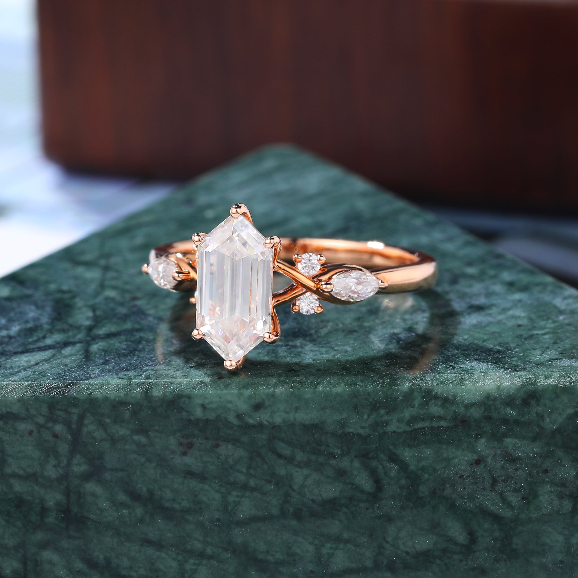 1.4ct Long Hexagon Lab-grown Diamond engagement ring, Cluster  rose/white/yellow gold ring, anniversary gift S925/10K/14K/18k