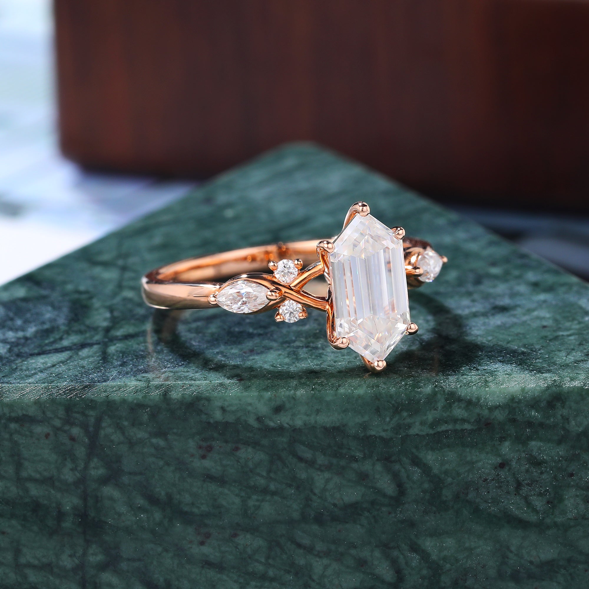 1.4ct Long Hexagon Lab-grown Diamond engagement ring, Cluster  rose/white/yellow gold ring, anniversary gift S925/10K/14K/18k