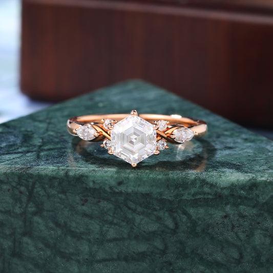 1.0ct Hexagon  lab-grown Diamond engagement ring, Cluster rose gold ring, anniversary gift S925/10k/14/18k gold