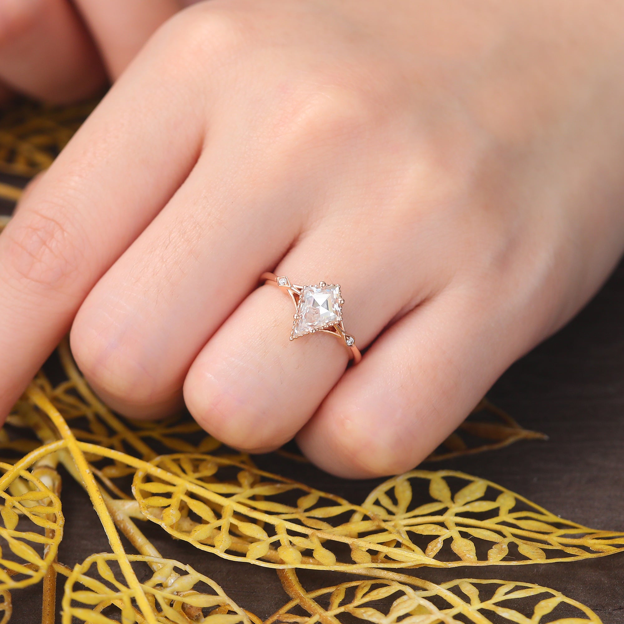 Kite cut Lab grown diamond rose gold engagement Ring.