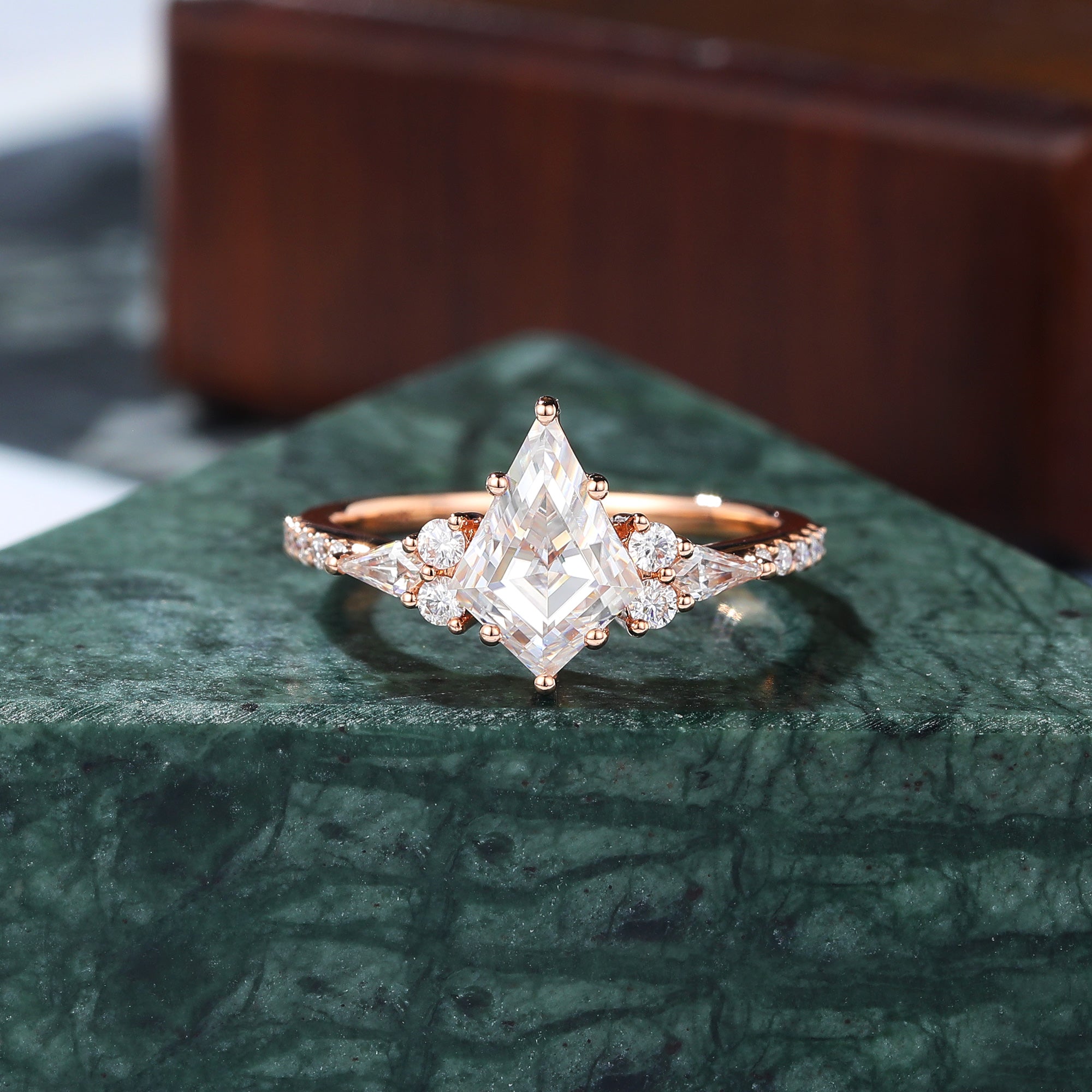 Kite cut moissanite rose gold engagement Ring.