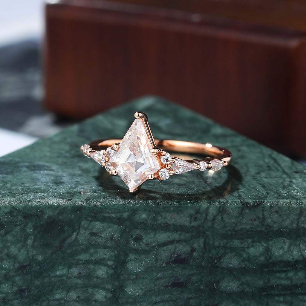 Kite cut moissanite rose gold engagement Ring.