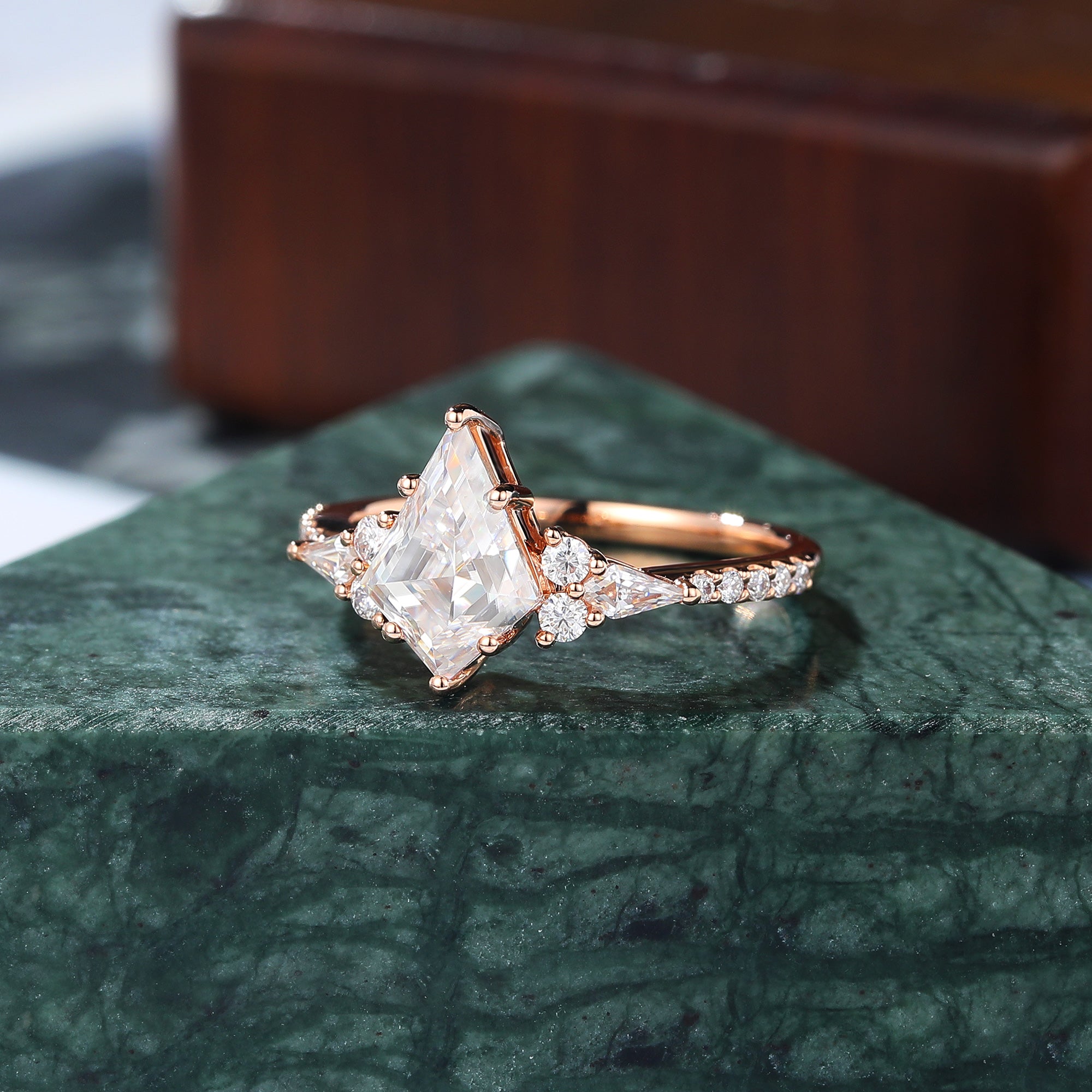 Kite cut moissanite rose gold engagement Ring.