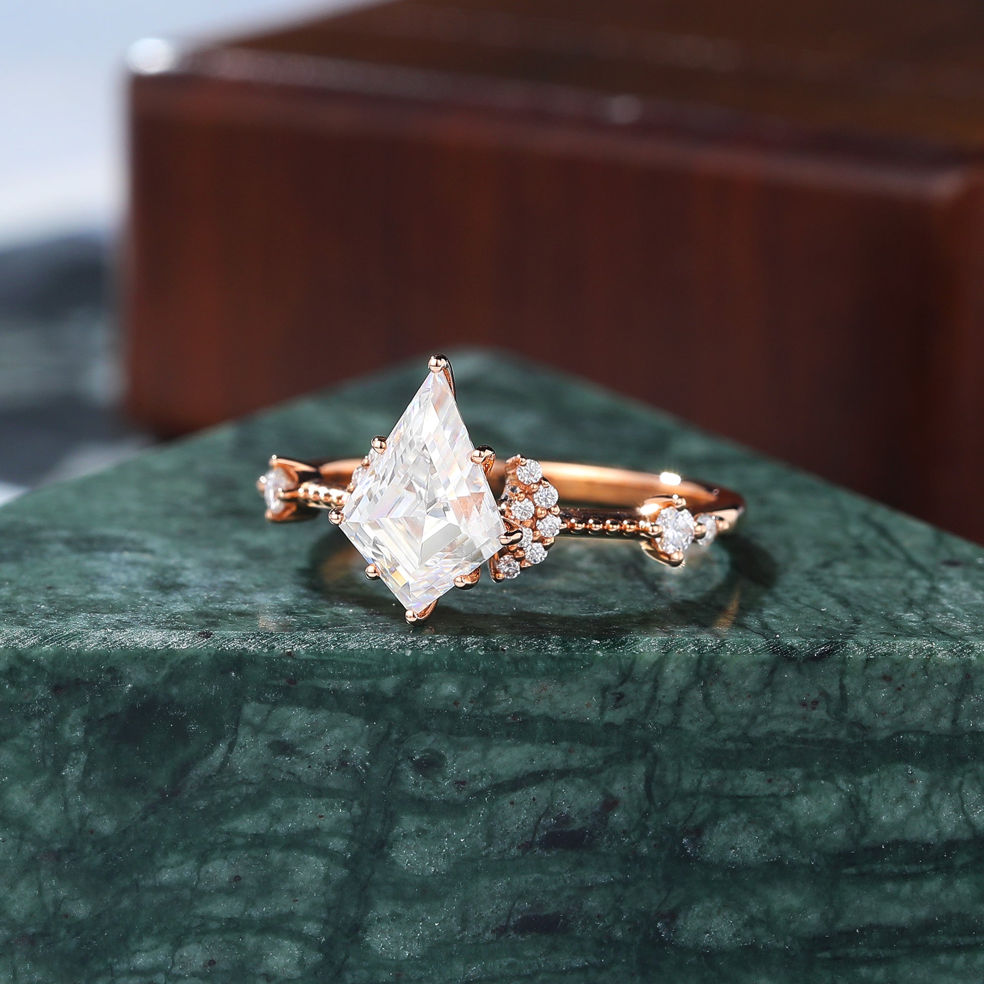Kite cut moissanite rose gold engagement Ring.