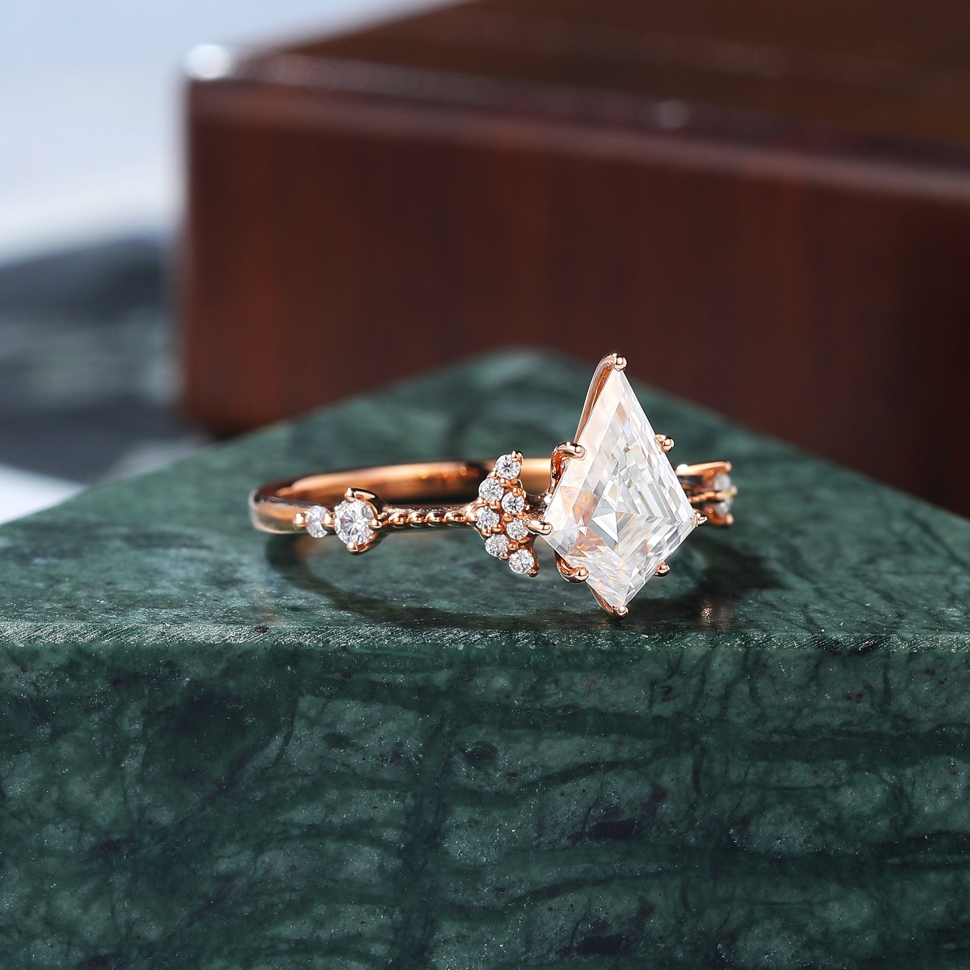 Kite cut moissanite rose gold engagement Ring.