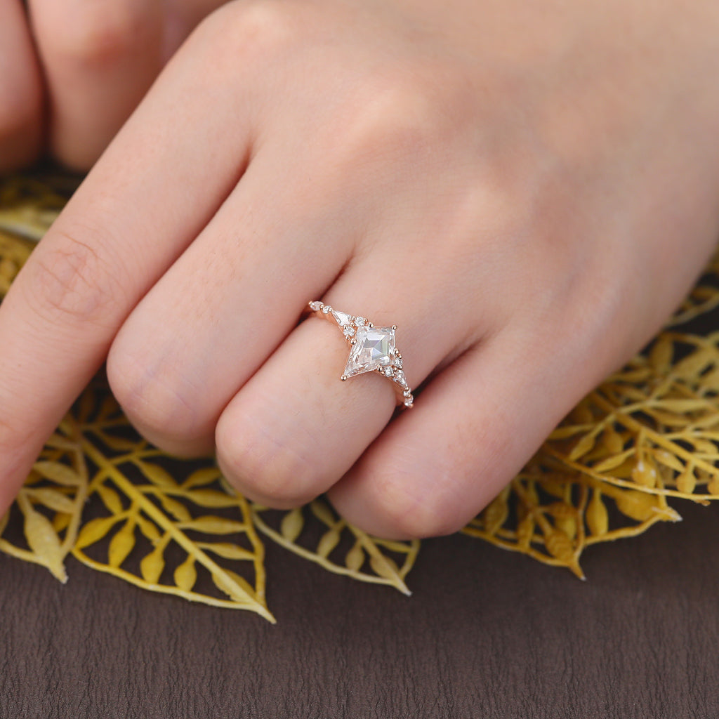 Kite cut moissanite rose gold engagement Ring.