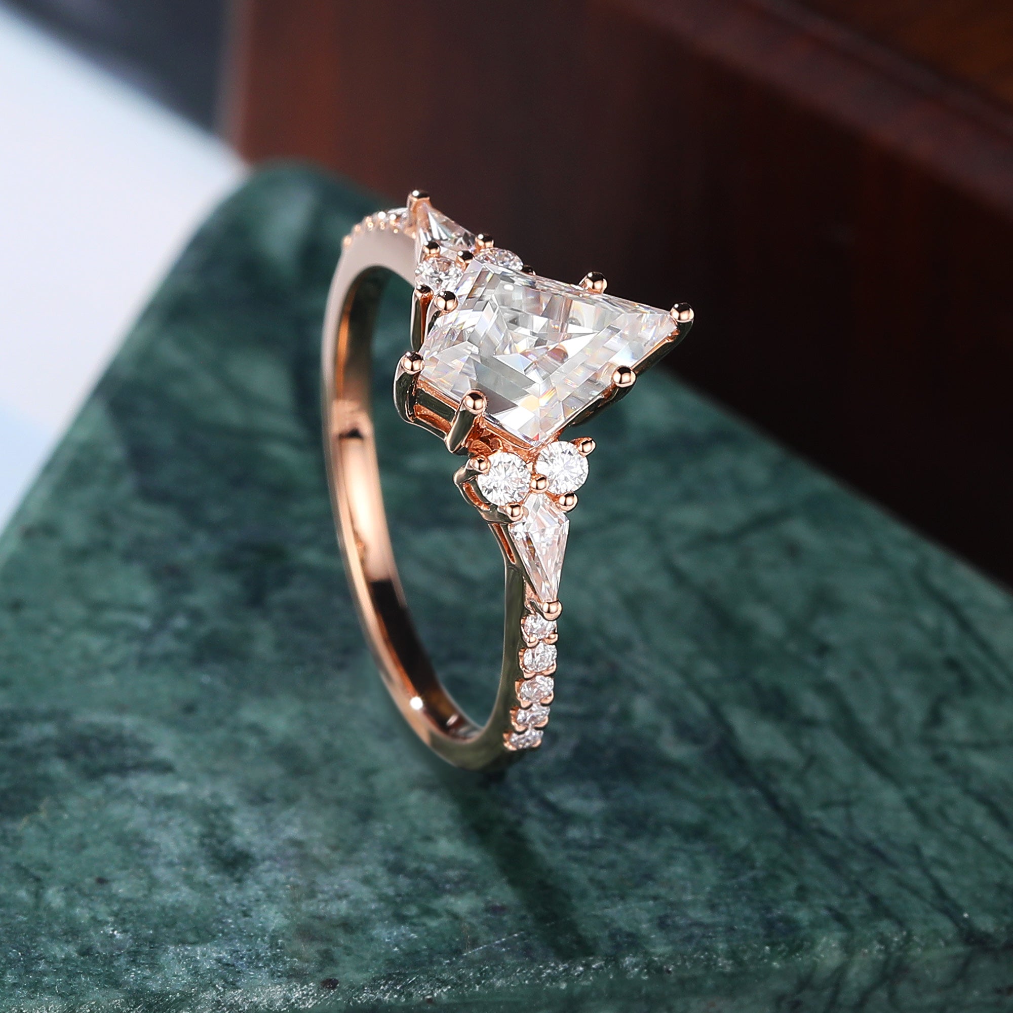 Kite cut moissanite rose gold engagement Ring.