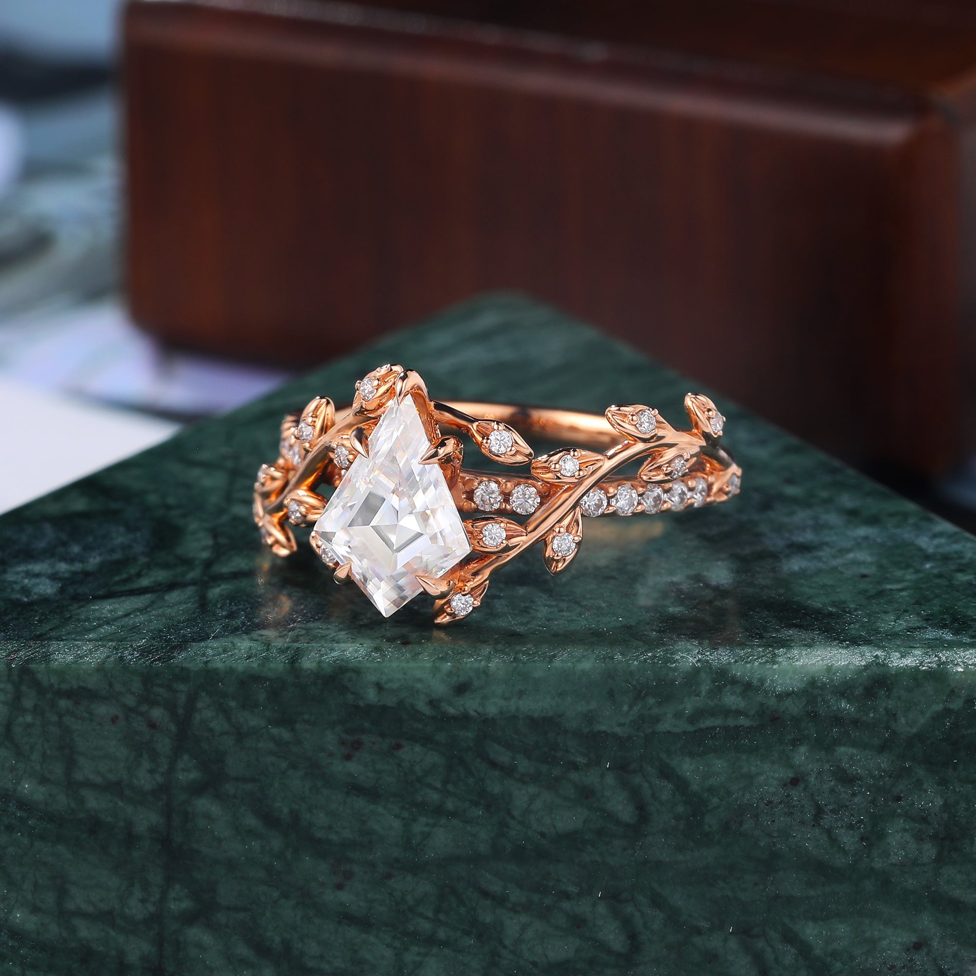 Kite cut moissanite rose gold engagement Ring.