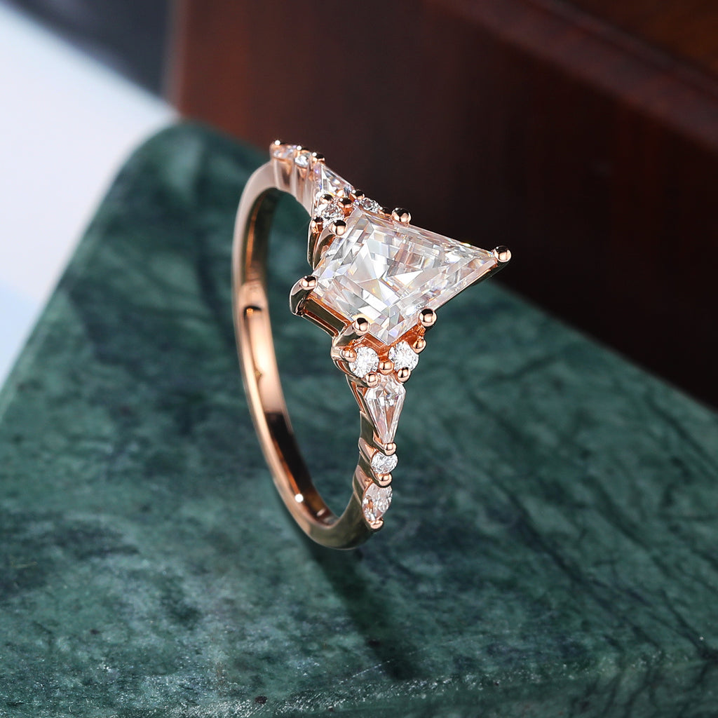 Kite cut moissanite rose gold engagement Ring.