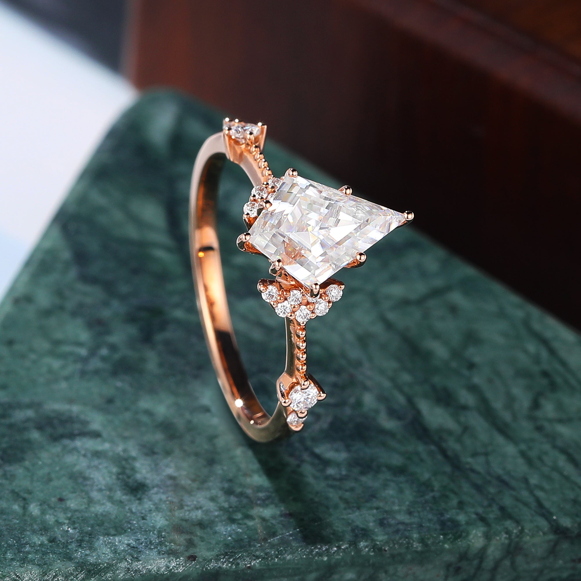Kite cut moissanite rose gold engagement Ring.