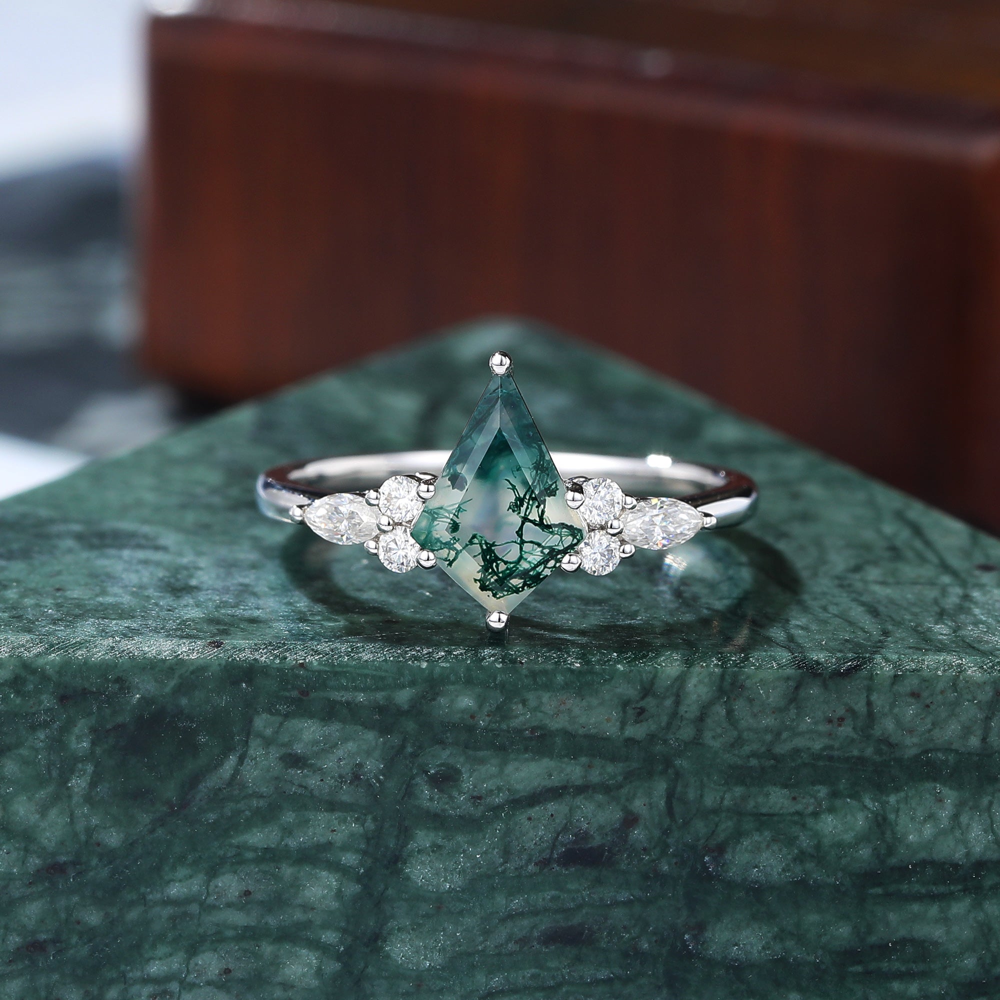 Kite cut Moss agate white gold engagement ring