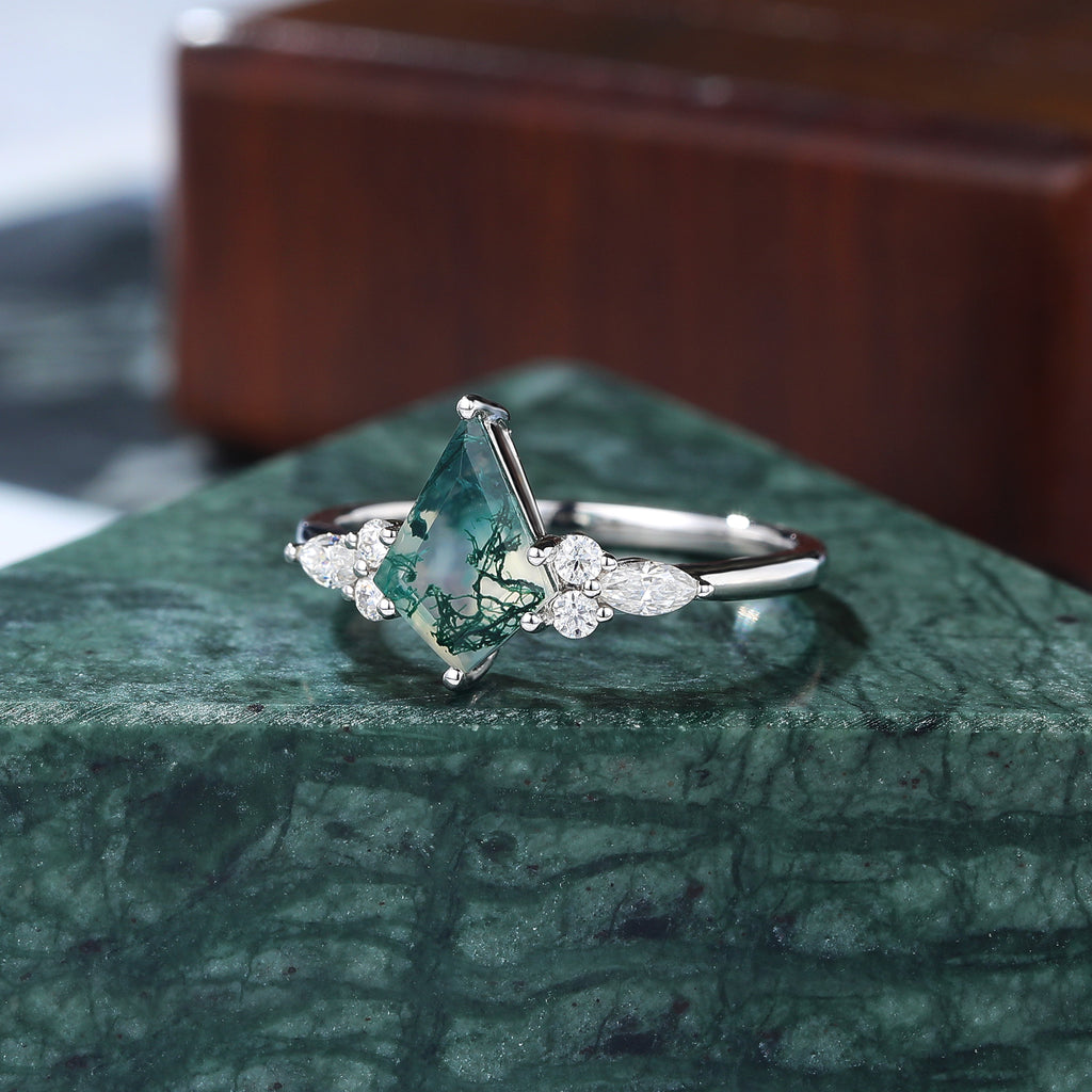 Kite cut Moss agate white gold engagement ring
