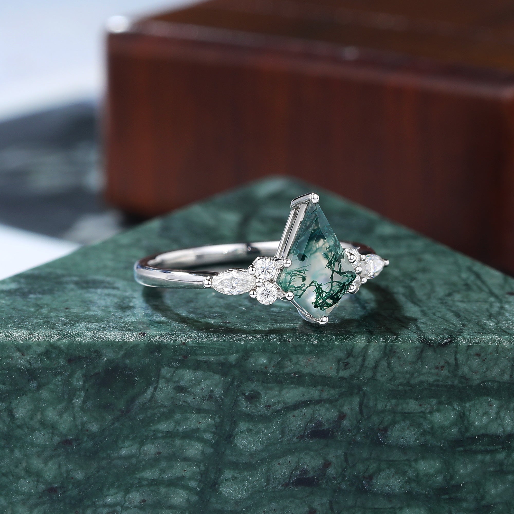 Kite cut Moss agate white gold engagement ring