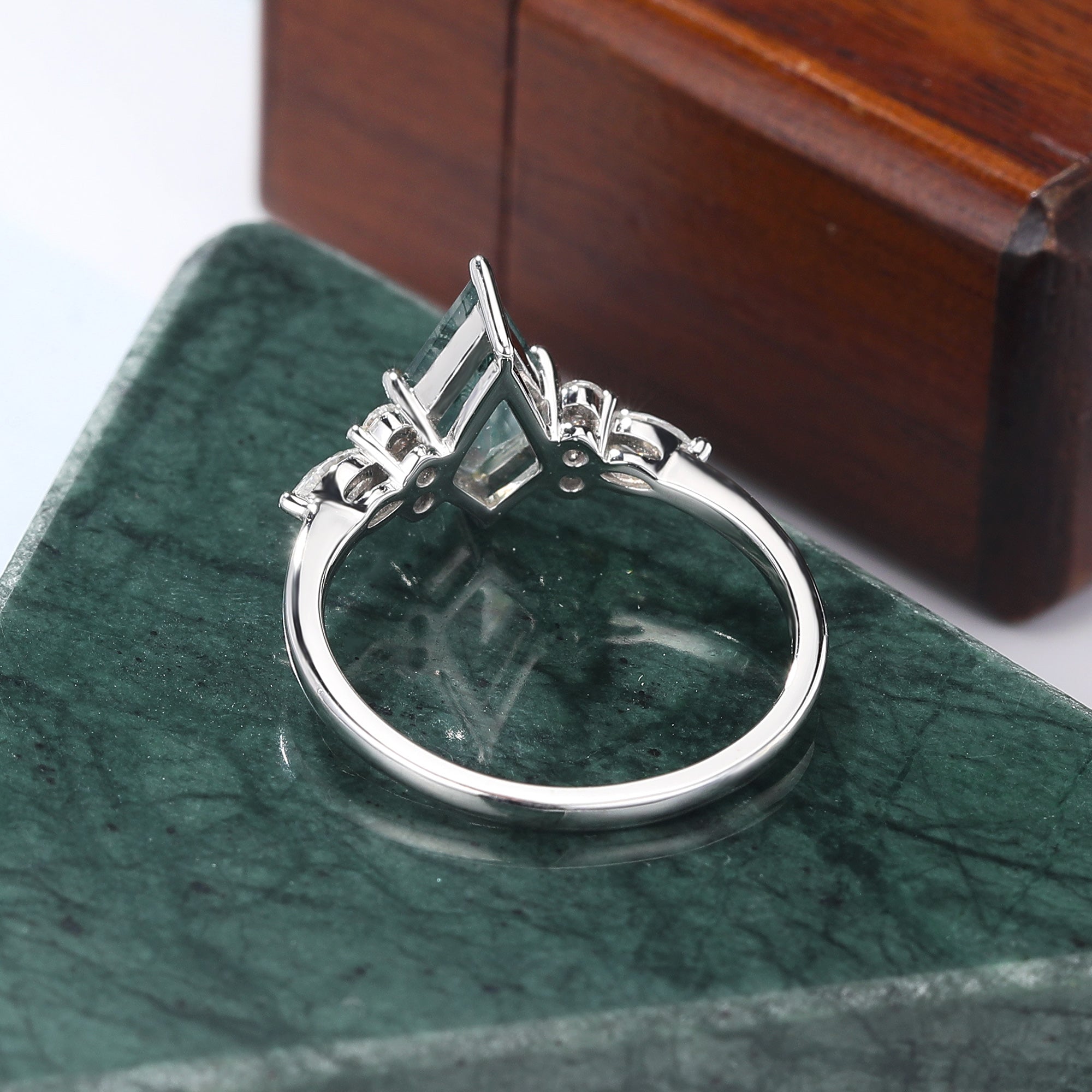 Kite cut Moss agate white gold engagement ring