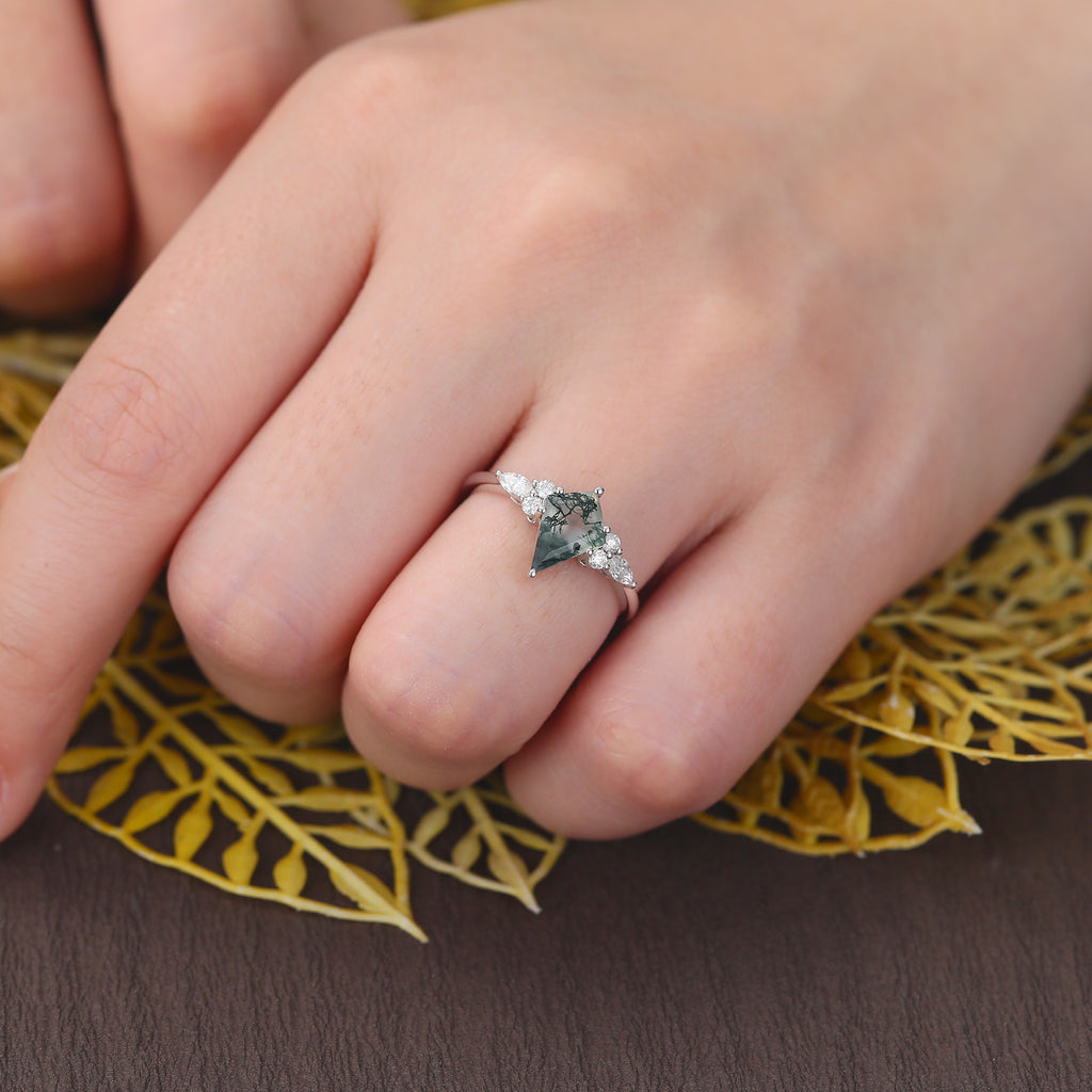 Kite cut Moss agate white gold engagement ring