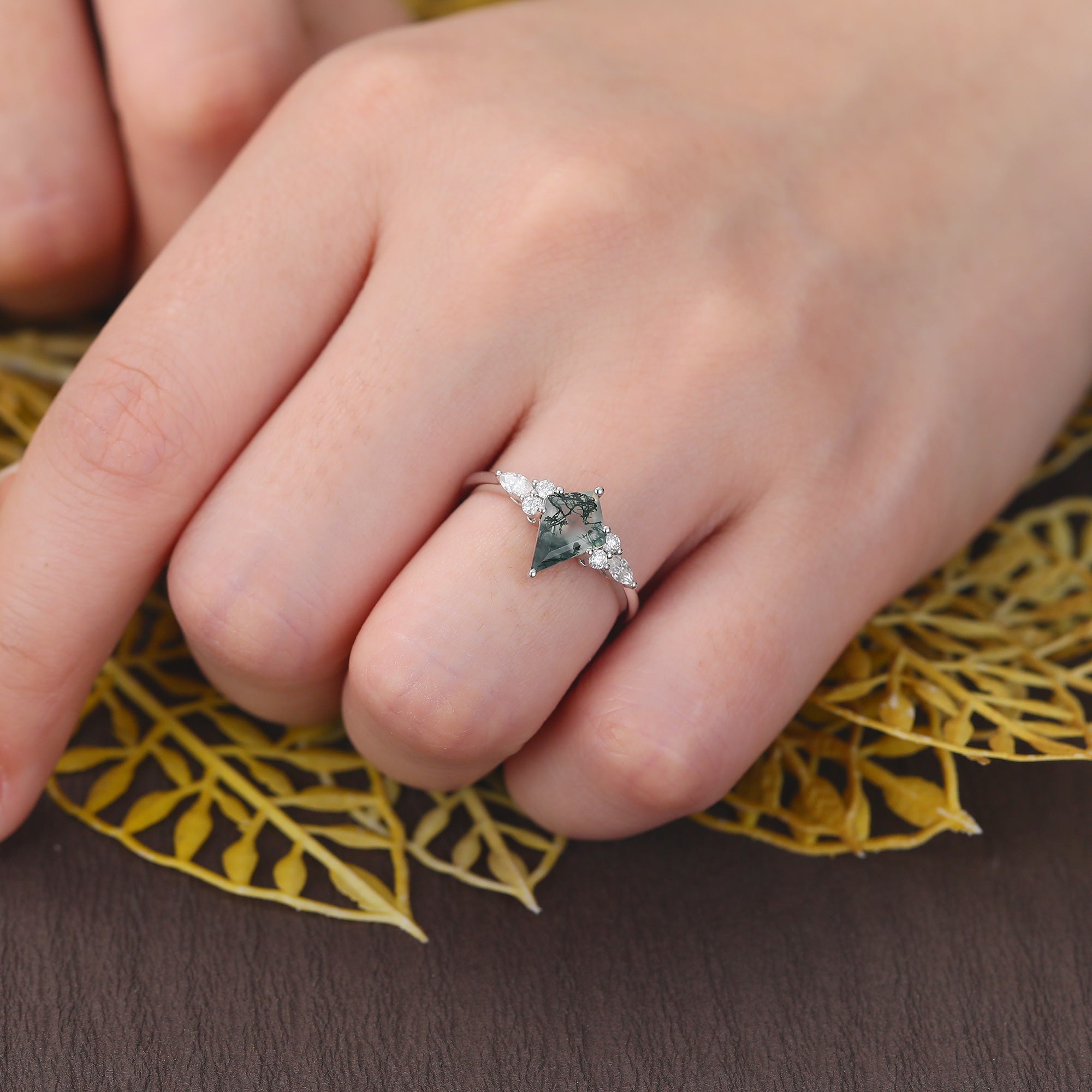 Kite cut Moss agate white gold engagement ring
