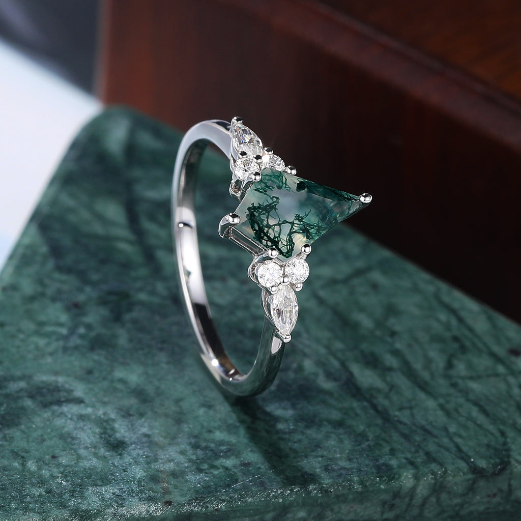 Kite cut Moss agate white gold engagement ring