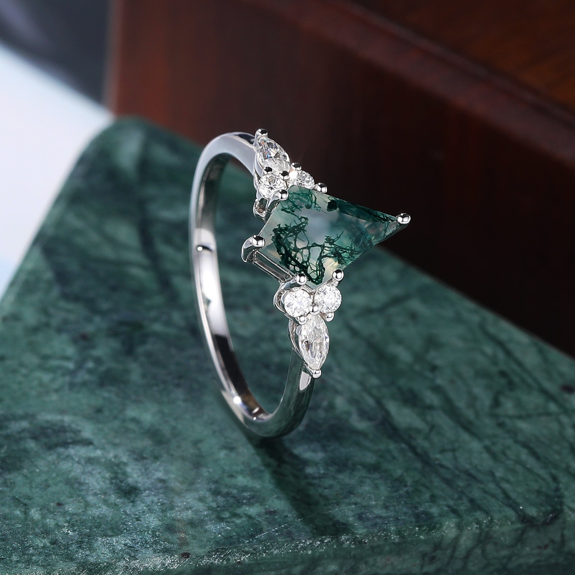 Kite cut Moss agate white gold engagement ring