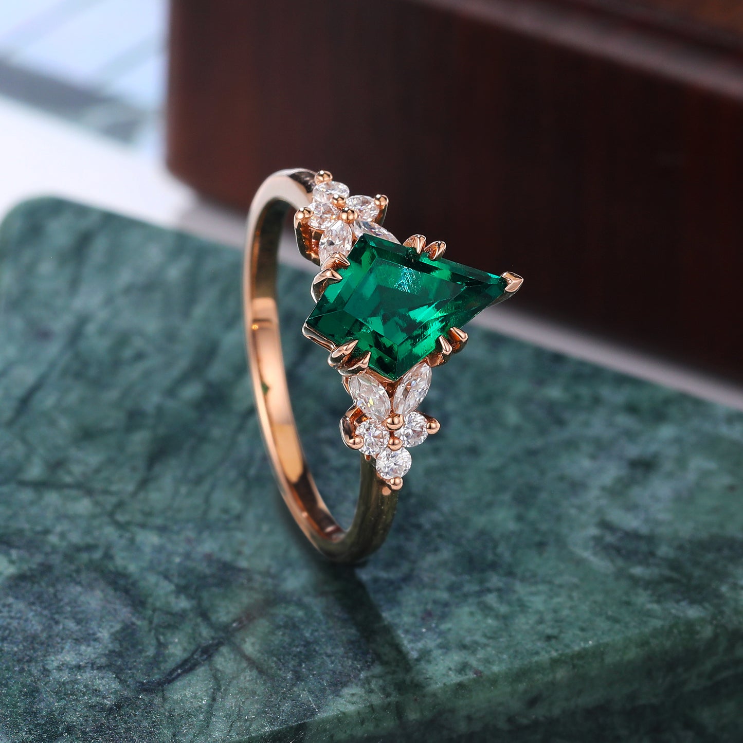 1.1ct Kite cut Lab Emerald engagement ring, Unique Anniversary Gift. S925/10k/14k/18k gold rose gold ring.