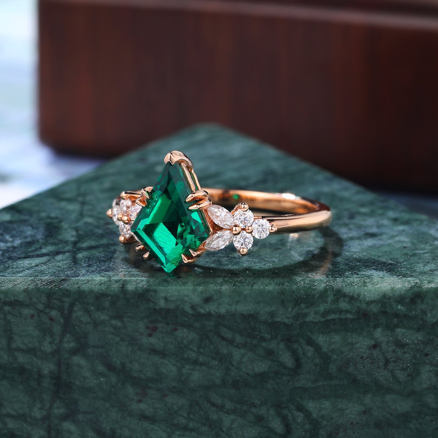 1.1ct Kite cut Lab Emerald engagement ring, Unique Anniversary Gift. S925/10k/14k/18k gold rose gold ring.