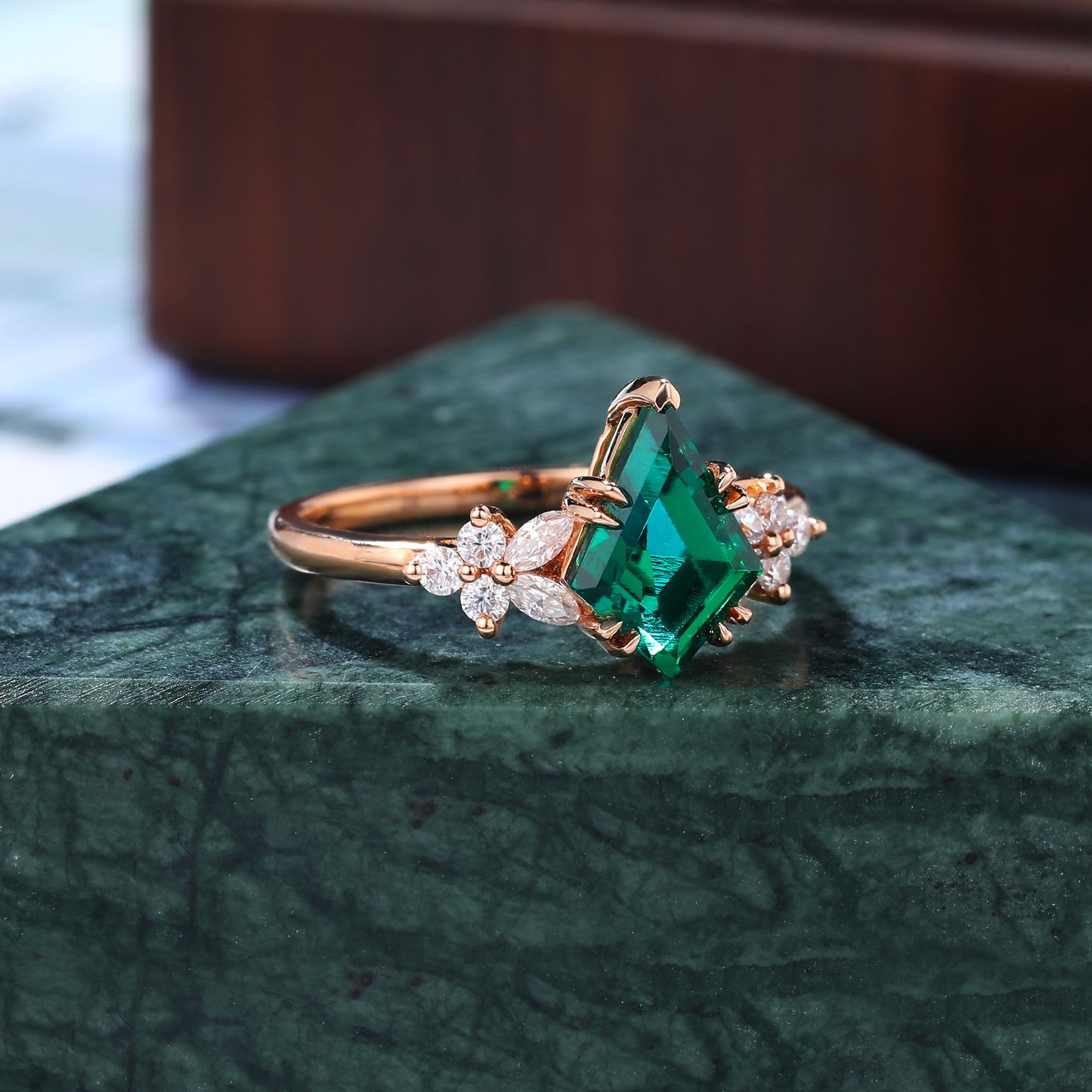 1.1ct Kite cut Lab Emerald engagement ring, Unique Anniversary Gift. S925/10k/14k/18k gold rose gold ring.