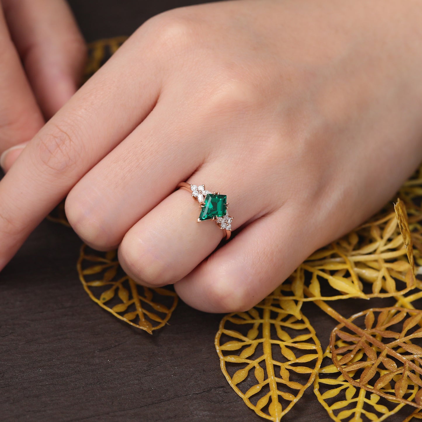 1.1ct Kite cut Lab Emerald engagement ring, Unique Anniversary Gift. S925/10k/14k/18k gold rose gold ring.