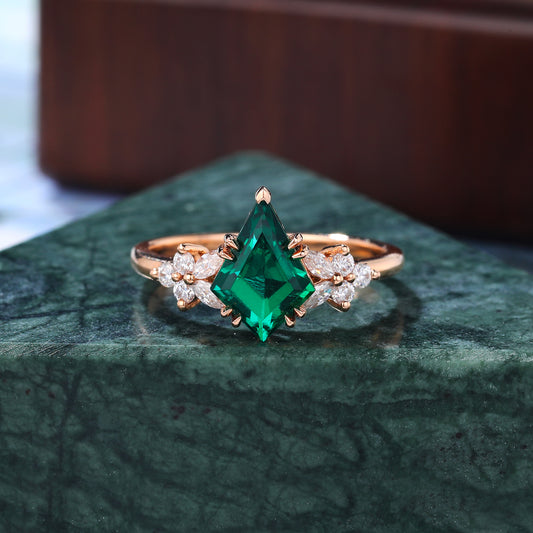 1.1ct Kite cut Lab Emerald engagement ring, Unique Anniversary Gift. S925/10k/14k/18k gold rose gold ring.