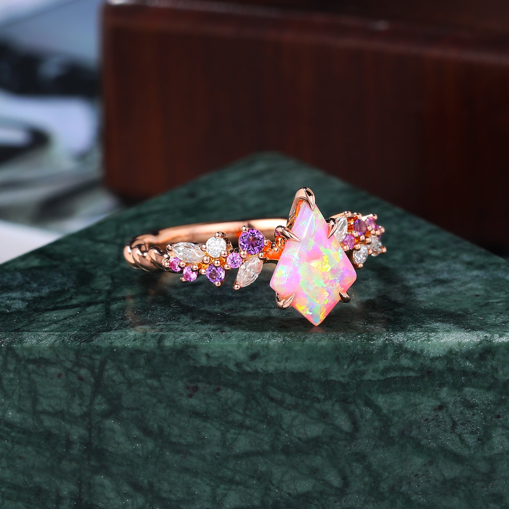 Kite cut Lab Pink Opal engagement ring S925/10k/14k/18k gold, rose/white/yellow gold ring