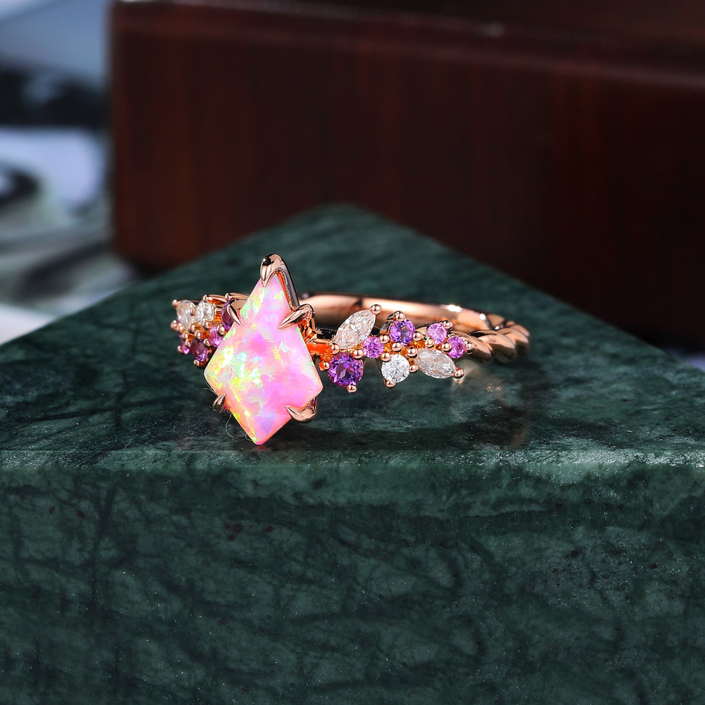 Kite cut Lab Pink Opal engagement ring S925/10k/14k/18k gold, rose/white/yellow gold ring