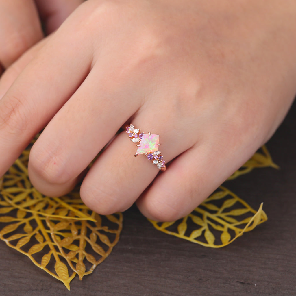 Kite cut Lab Pink Opal engagement ring S925/10k/14k/18k gold, rose/white/yellow gold ring