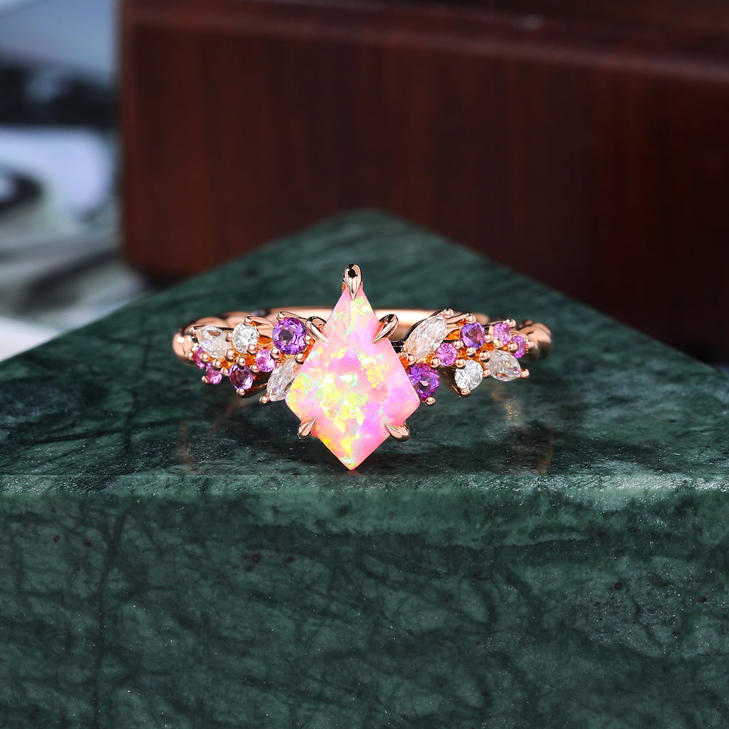 Kite cut Lab Pink Opal engagement ring S925/10k/14k/18k gold, rose/white/yellow gold ring