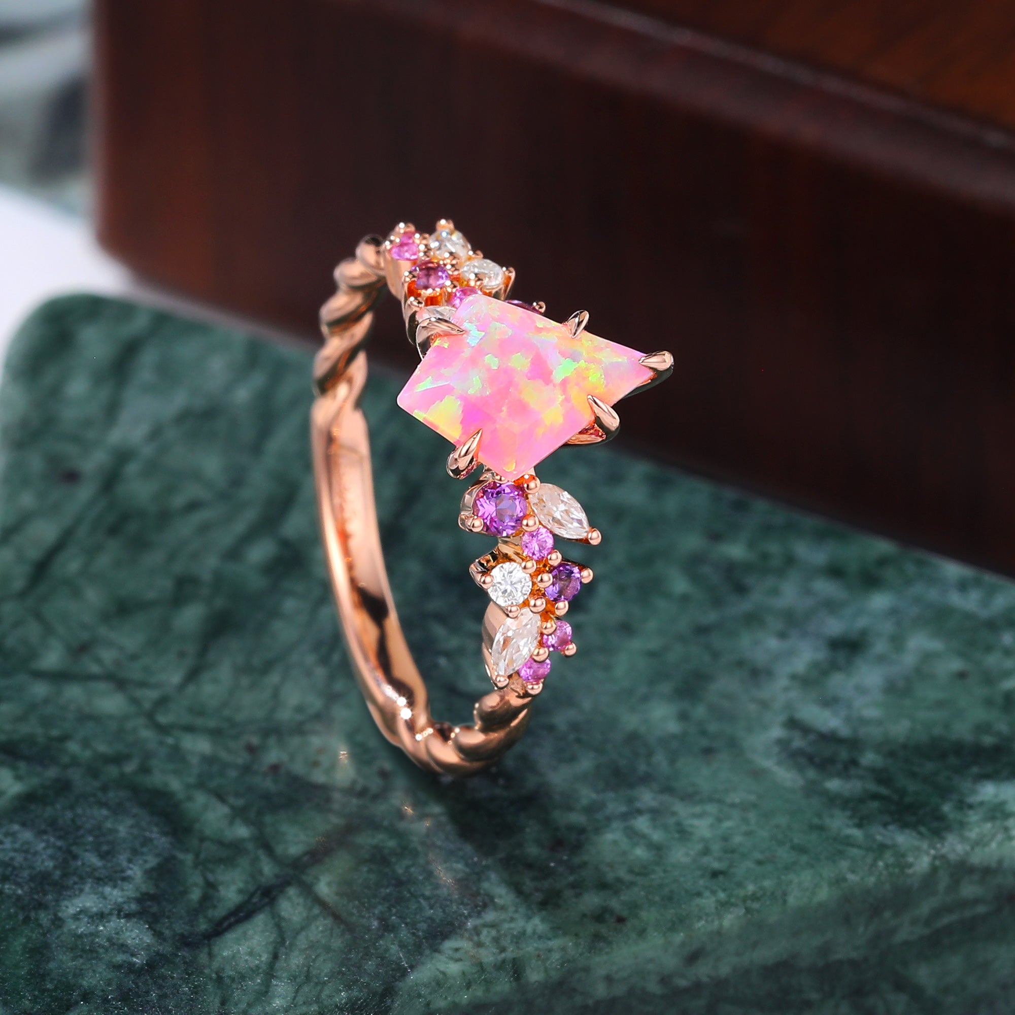 Kite cut Lab Pink Opal engagement ring S925/10k/14k/18k gold, rose/white/yellow gold ring