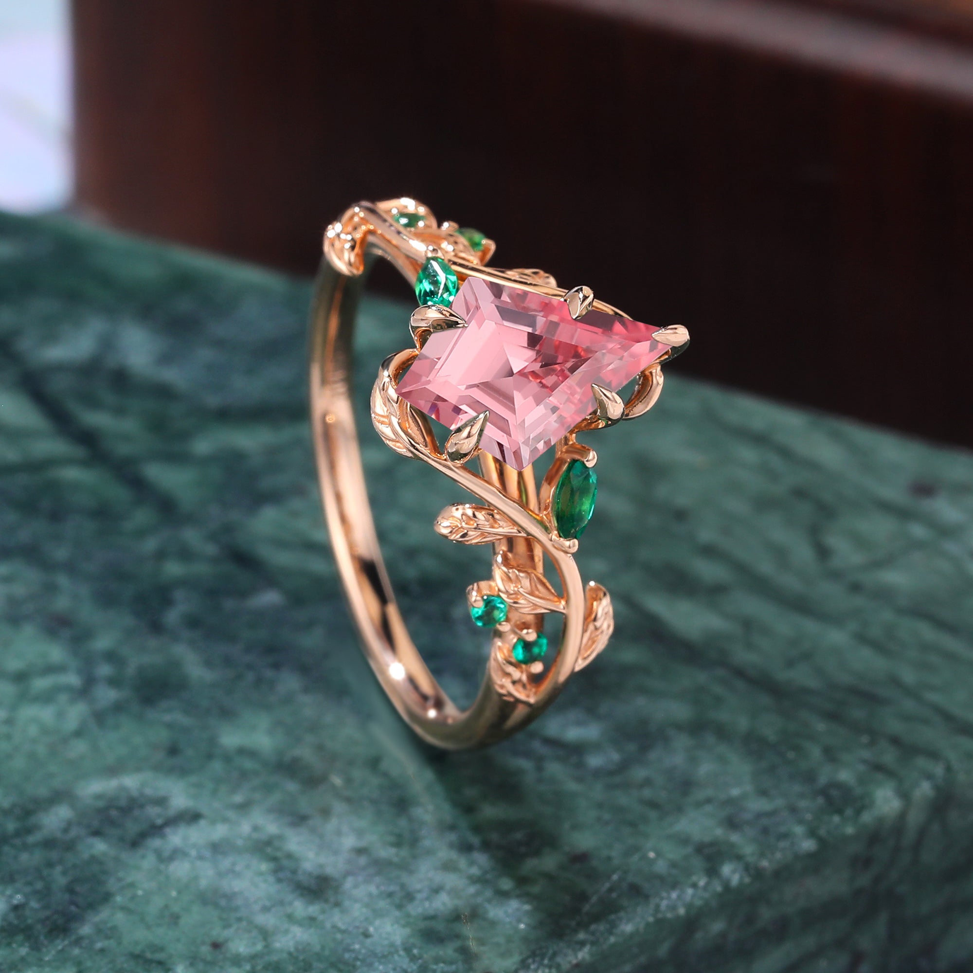 Unique kite cut Lab Pink Sapphire engagement ring