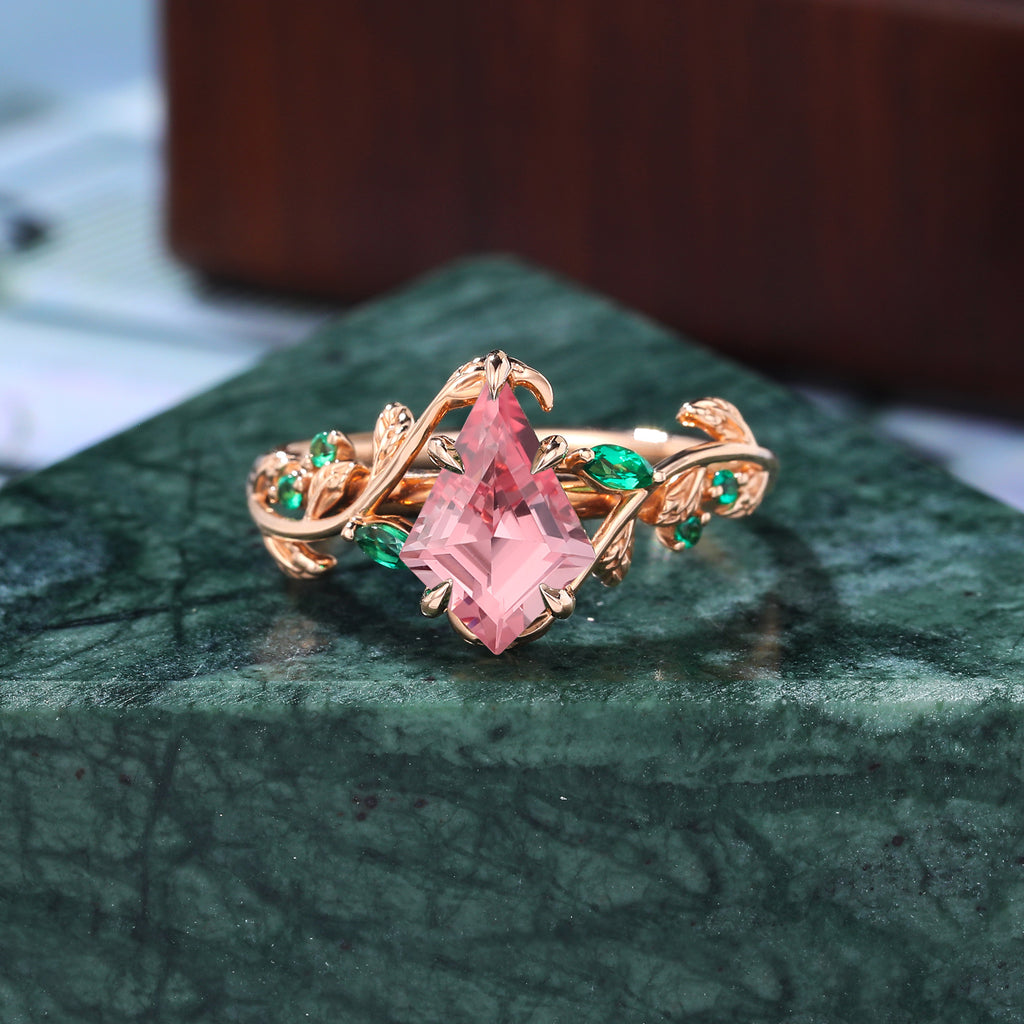 Unique kite cut Lab Pink Sapphire engagement ring