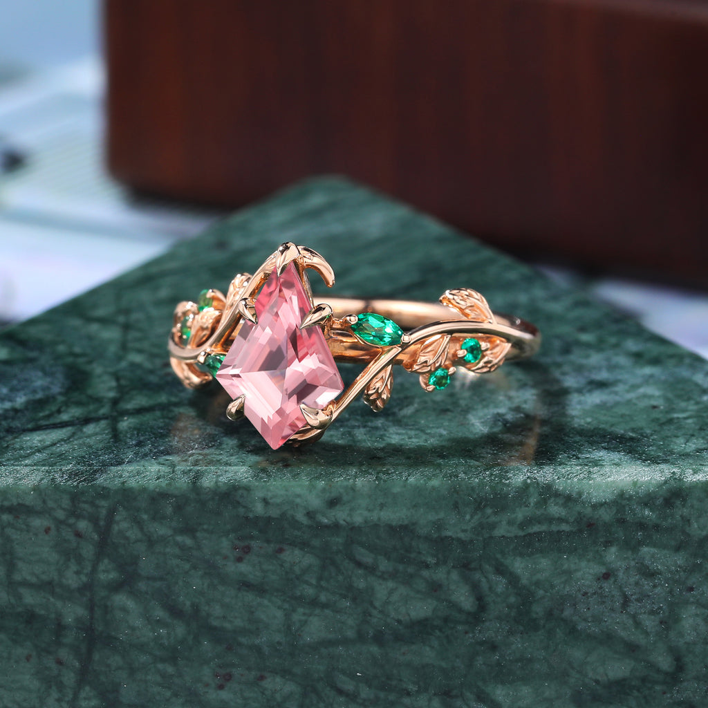 Unique kite cut Lab Pink Sapphire engagement ring