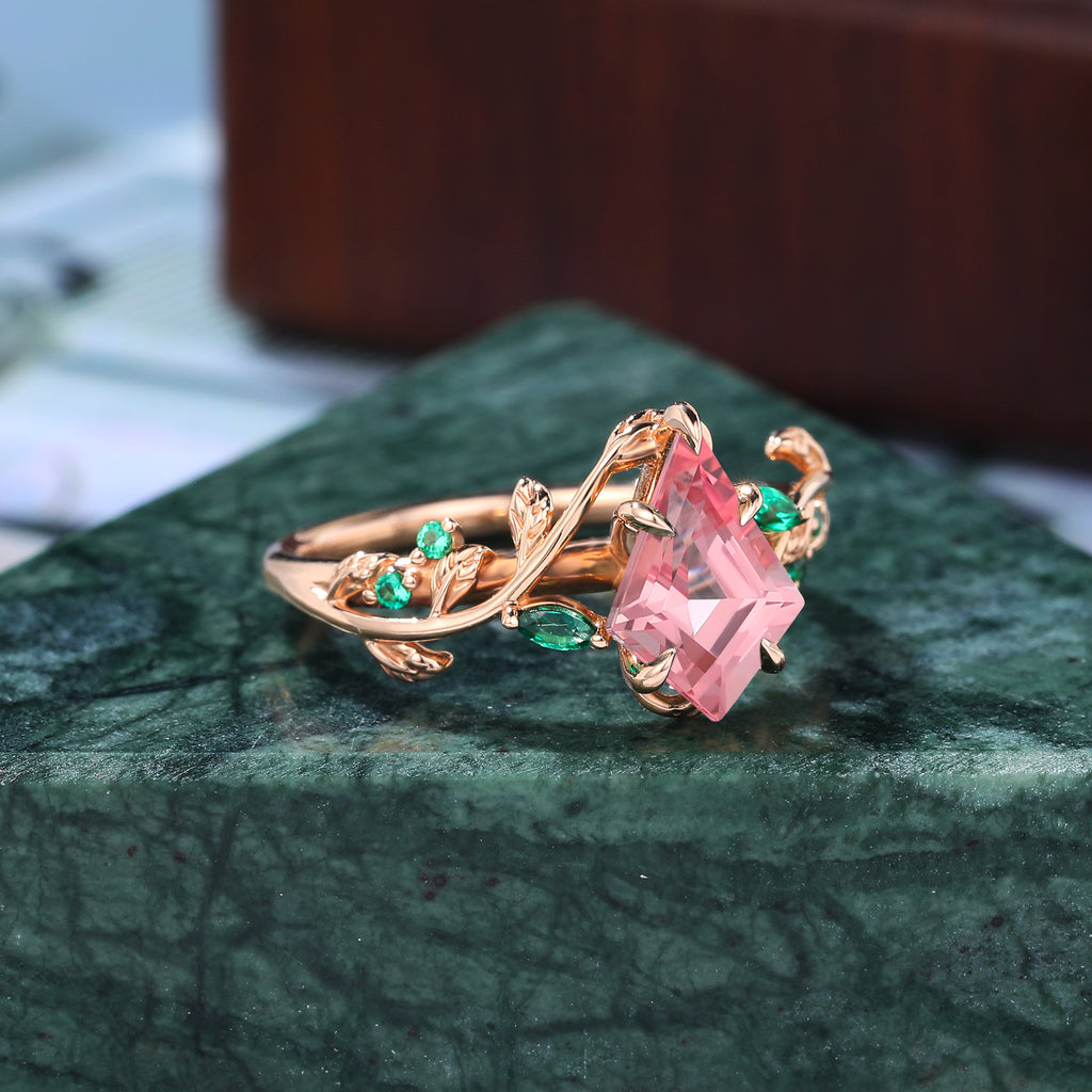 Unique kite cut Lab Pink Sapphire engagement ring