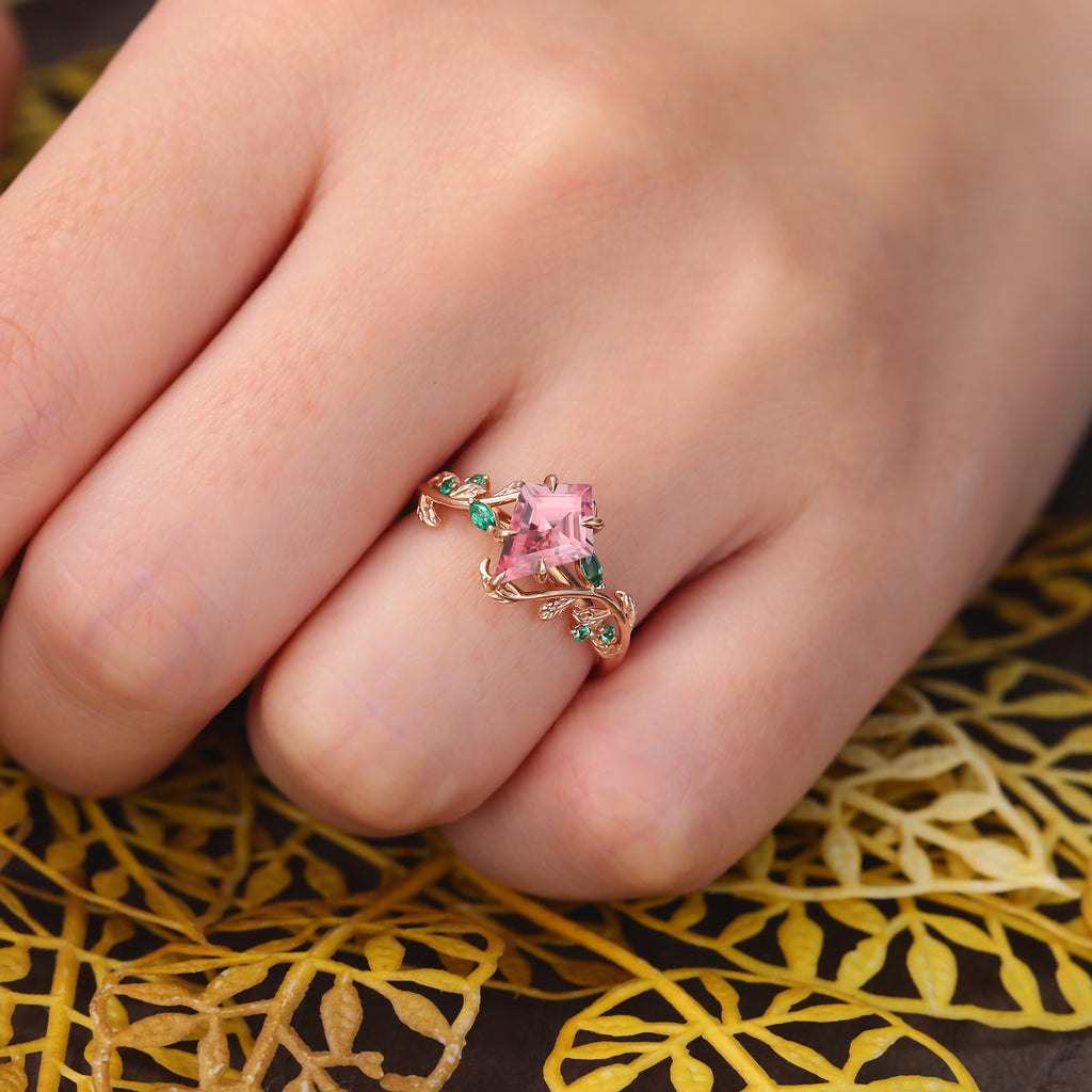 Unique kite cut Lab Pink Sapphire engagement ring