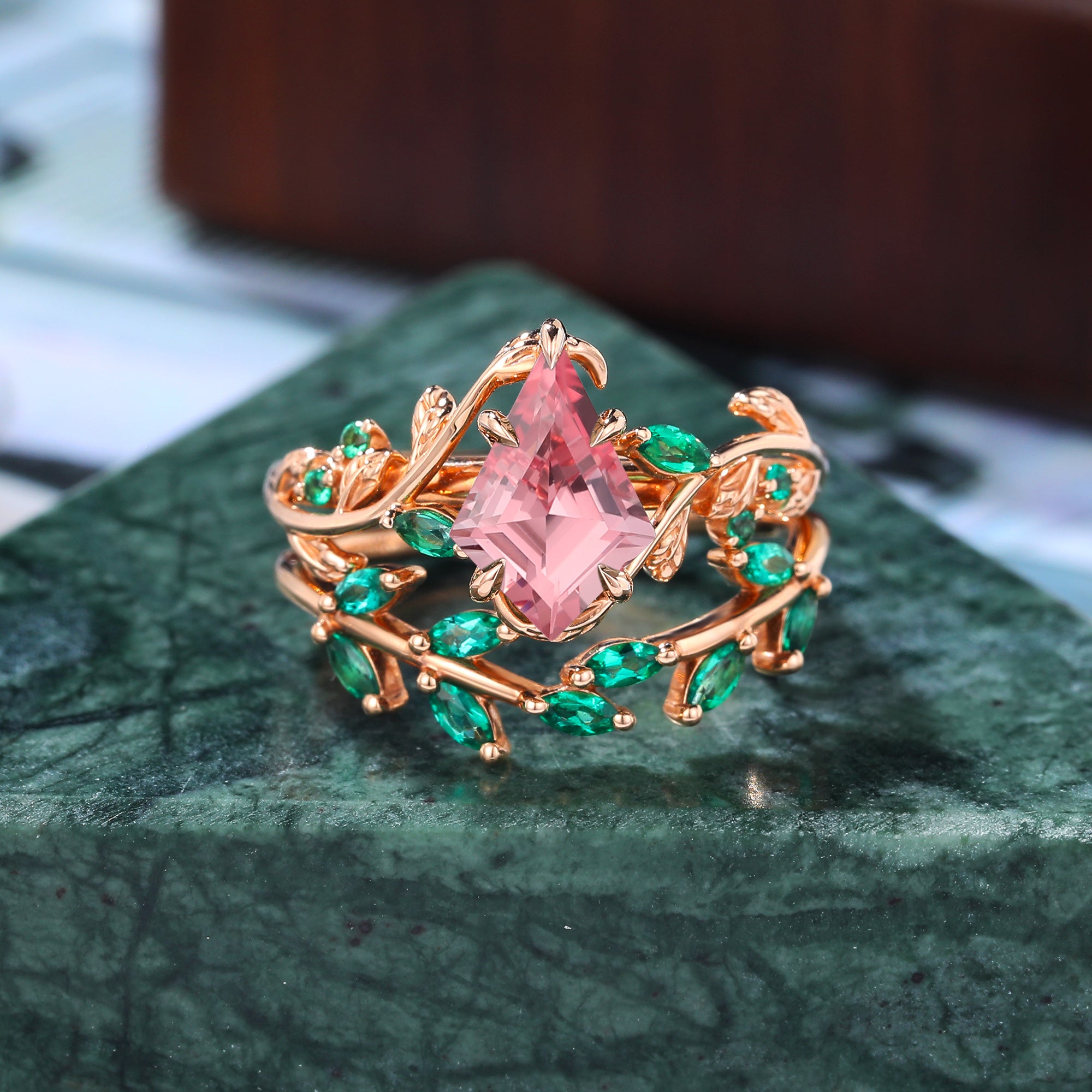 Vintage kite cut Lab Pink Sapphire Engagement Ring Set, Rose/white/yellow gold Bridal Wedding band Unique S925/10k/14K/18k gold ring