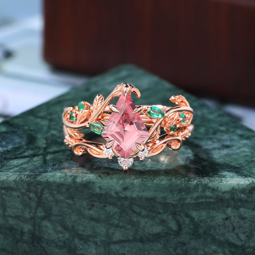 Vintage kite cut Lab Pink Sapphire Engagement Ring Set,  Rose/white/yellow gold Bridal Wedding band  S925/10k/14K/18k gold