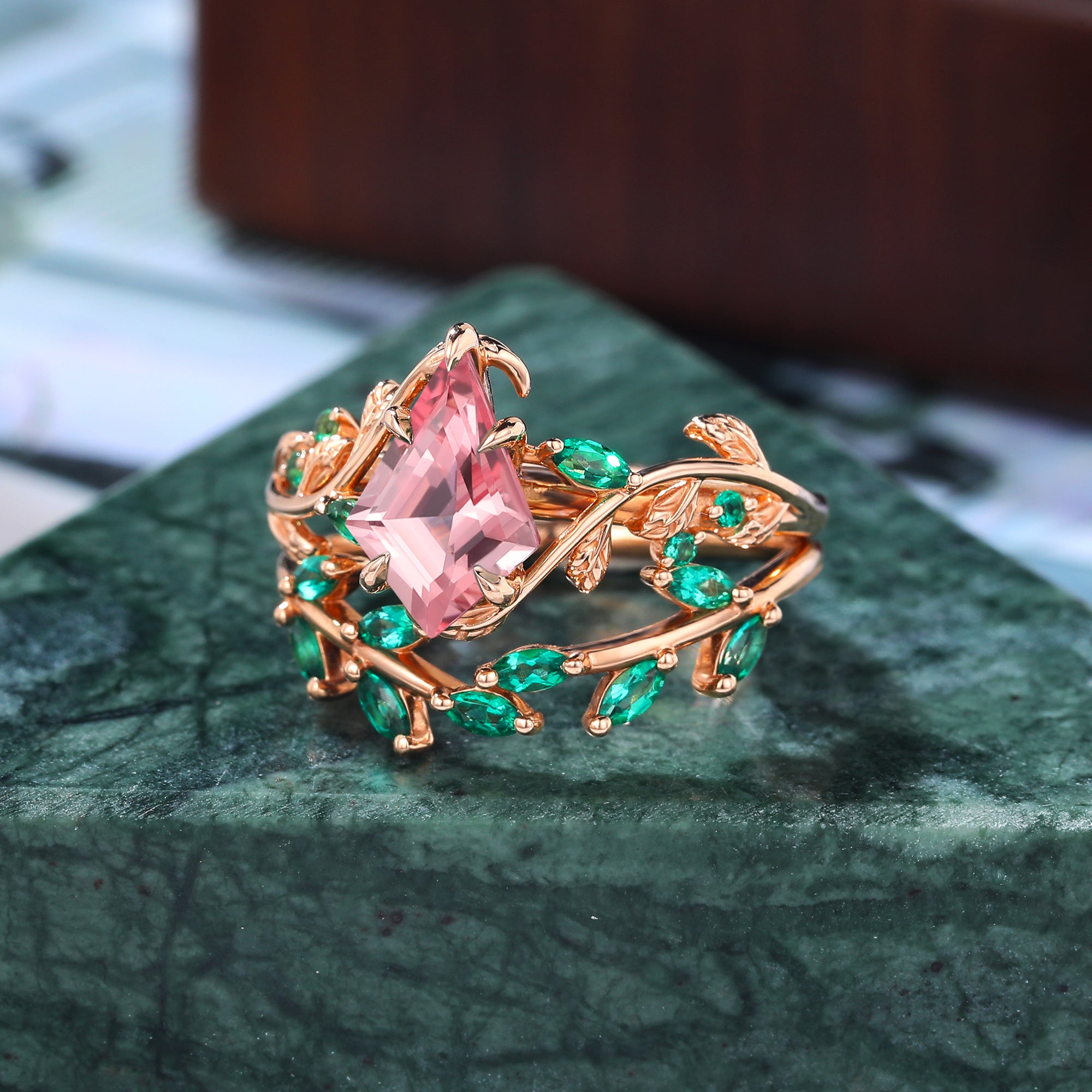 Vintage kite cut Lab Pink Sapphire Engagement Ring Set, Rose/white/yellow gold Bridal Wedding band Unique S925/10k/14K/18k gold ring