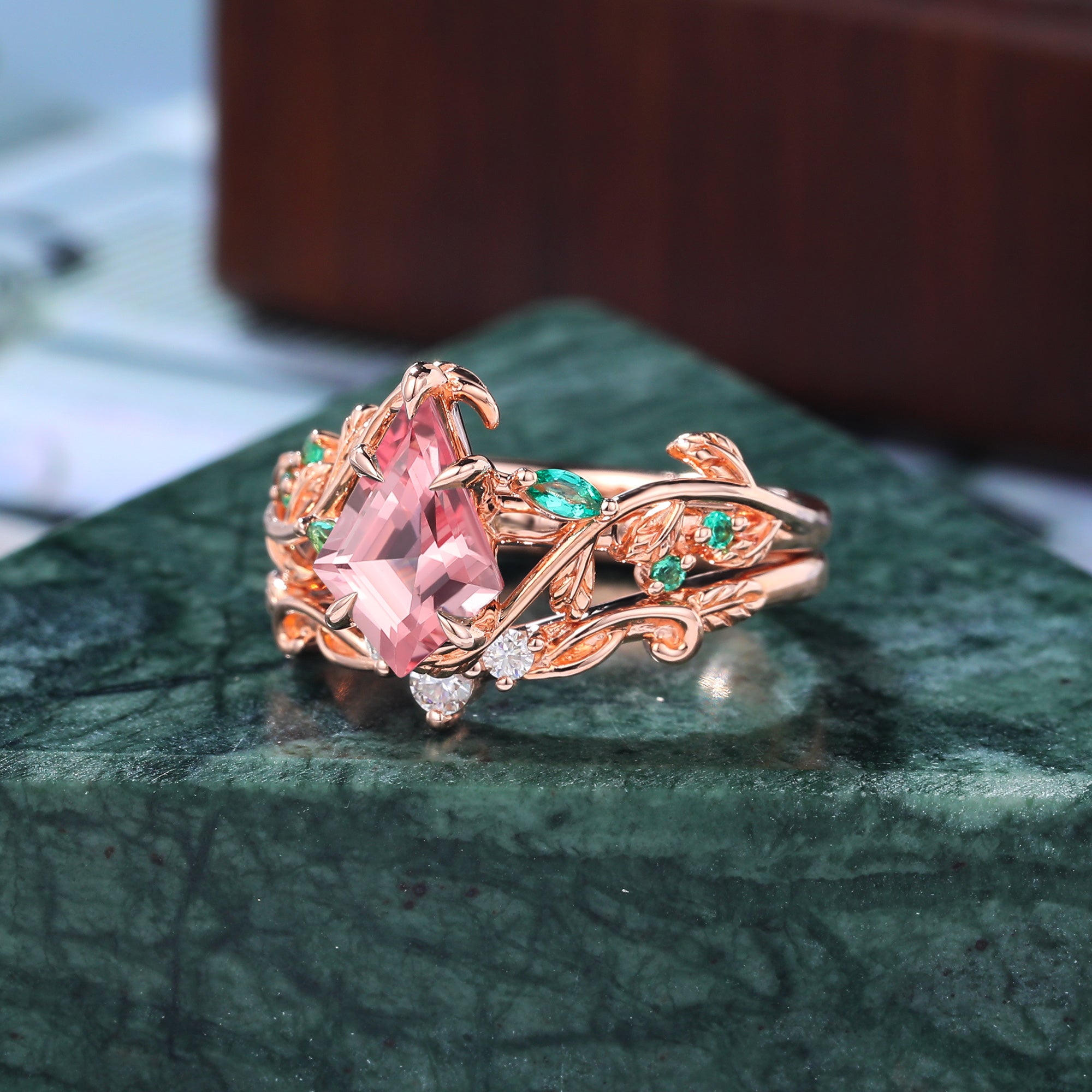 Vintage kite cut Lab Pink Sapphire Engagement Ring Set,  Rose/white/yellow gold Bridal Wedding band  S925/10k/14K/18k gold
