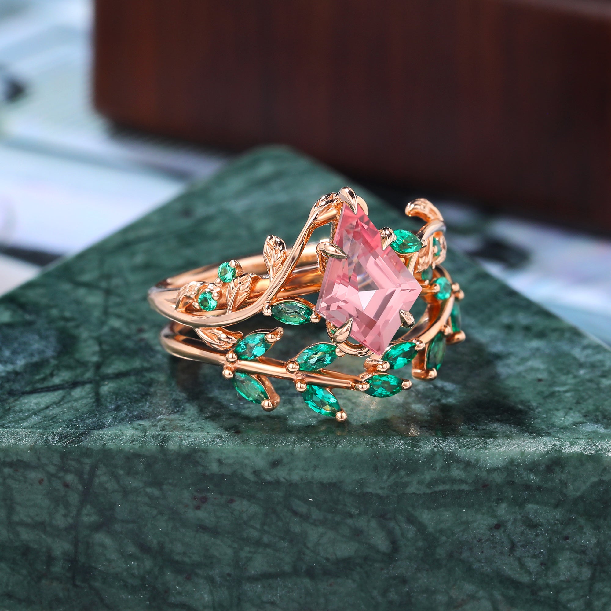 Vintage kite cut Lab Pink Sapphire Engagement Ring Set, Rose/white/yellow gold Bridal Wedding band Unique S925/10k/14K/18k gold ring