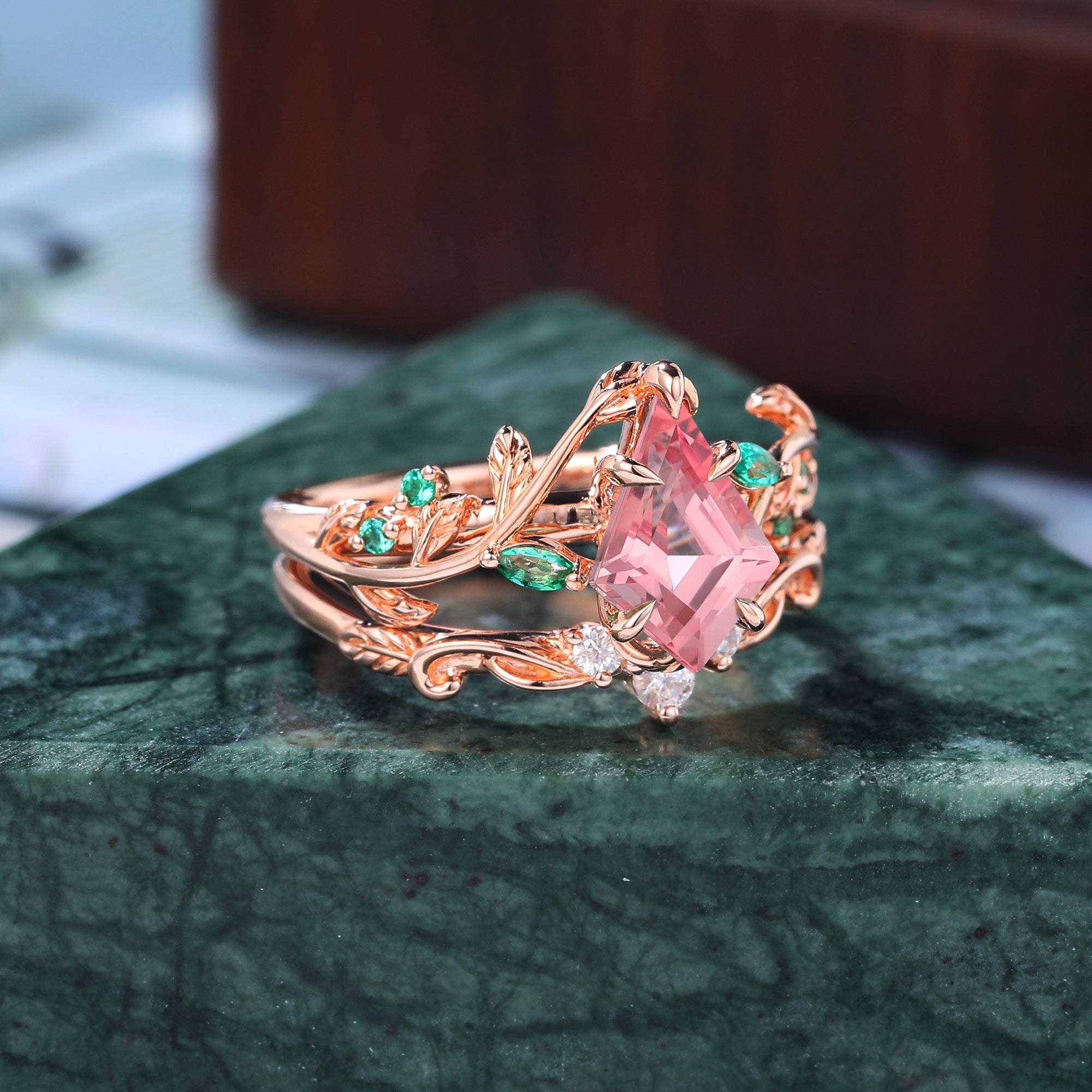 Vintage kite cut Lab Pink Sapphire Engagement Ring Set,  Rose/white/yellow gold Bridal Wedding band  S925/10k/14K/18k gold