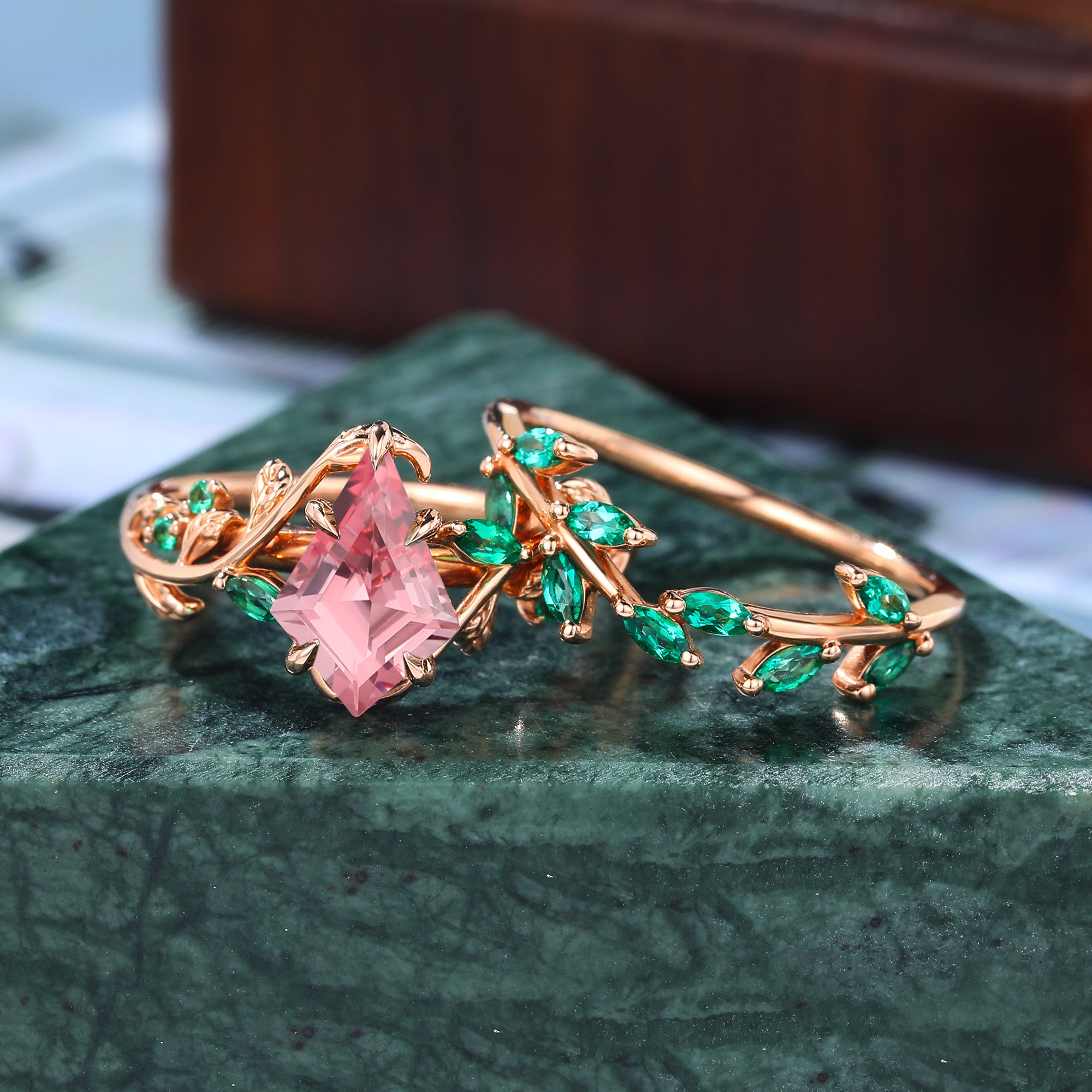 Vintage kite cut Lab Pink Sapphire Engagement Ring Set, Rose/white/yellow gold Bridal Wedding band Unique S925/10k/14K/18k gold ring